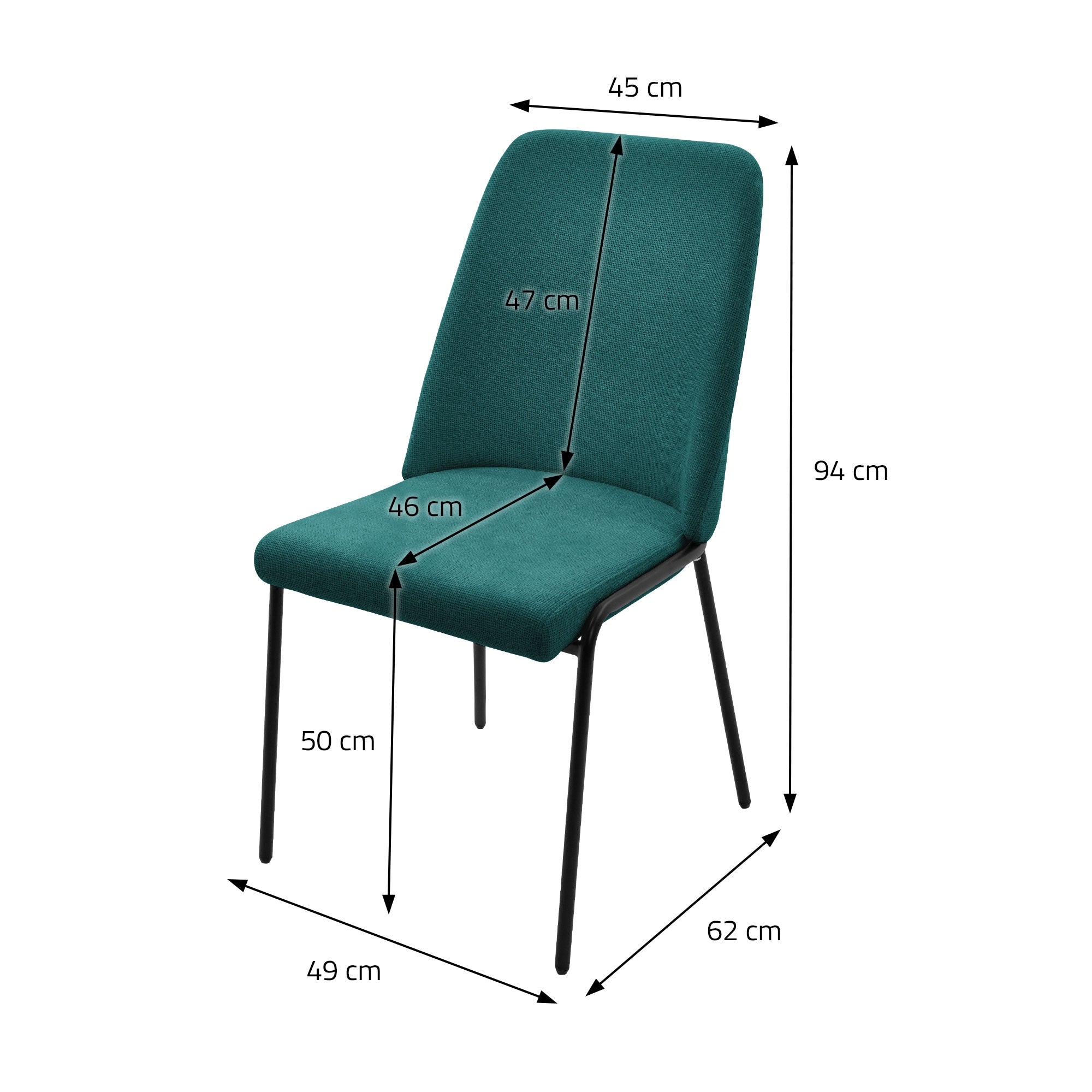 Una sedia verde con misure su uno sfondo bianco.