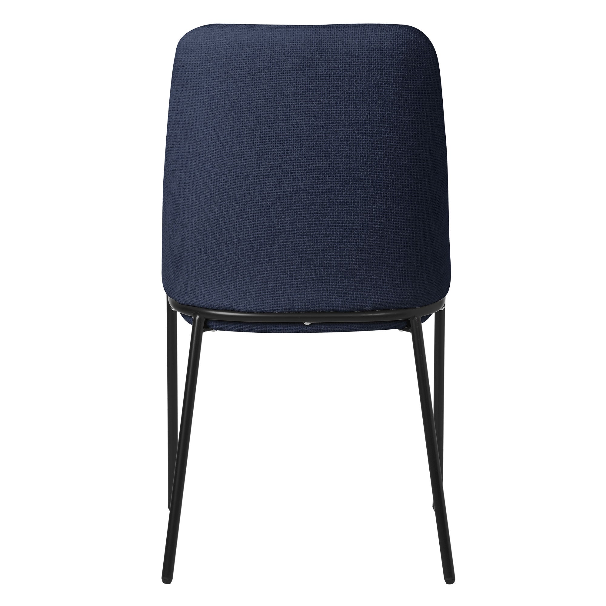 Rückansicht eines blauen Stuhls mit schwarzem Gestell.