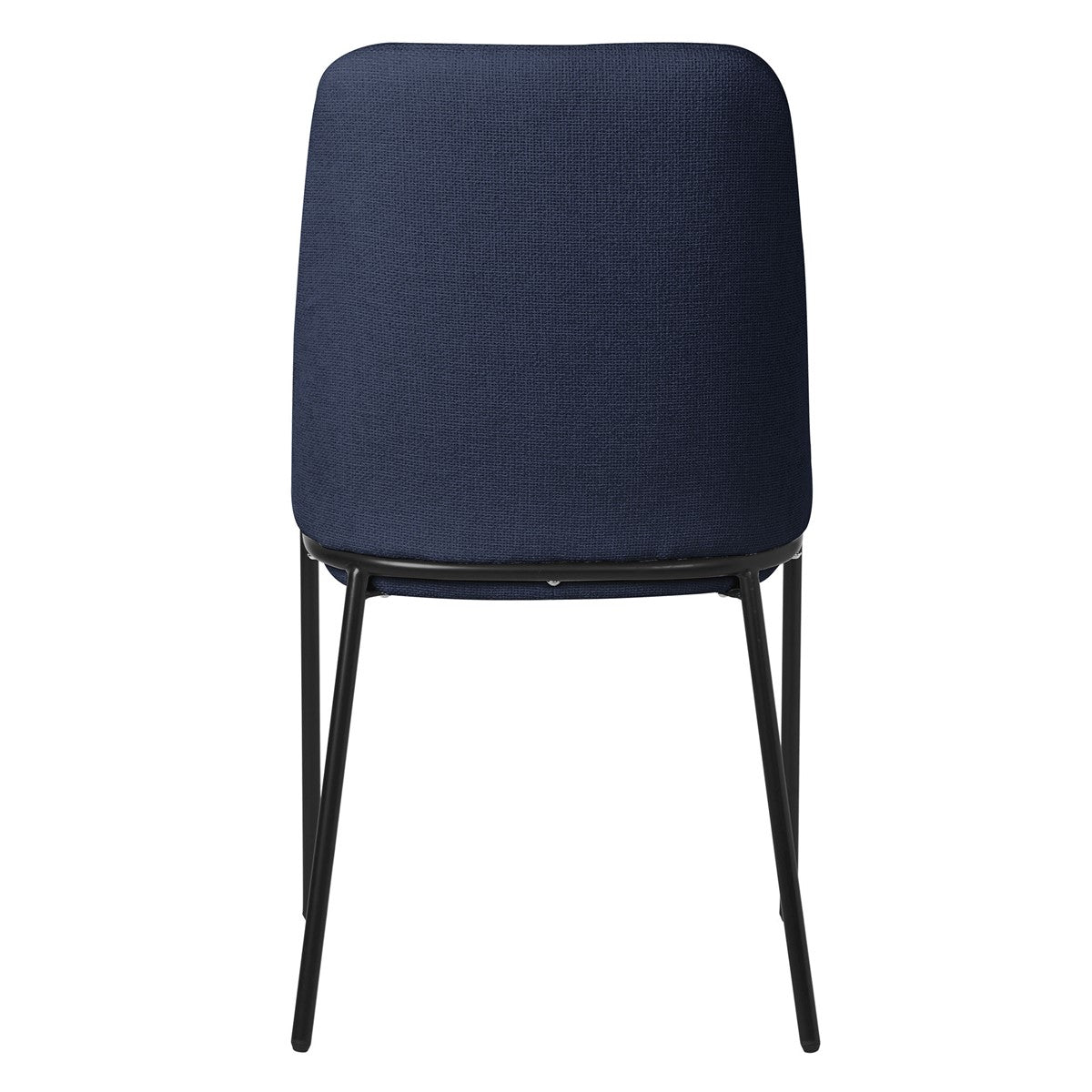 Rear view of a blue chair with a black frame.