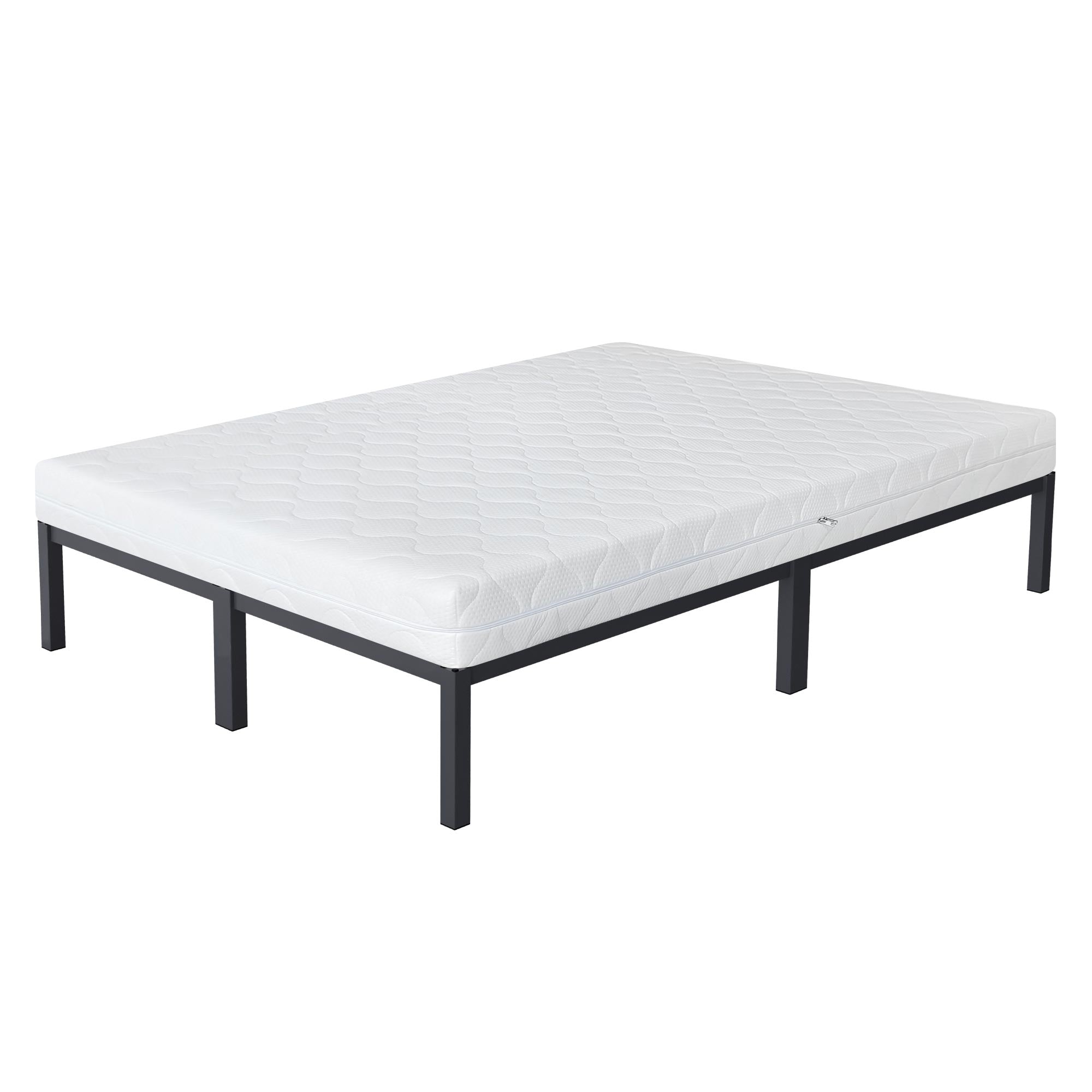 Lit blanc avec matelas sur un cadre noir.