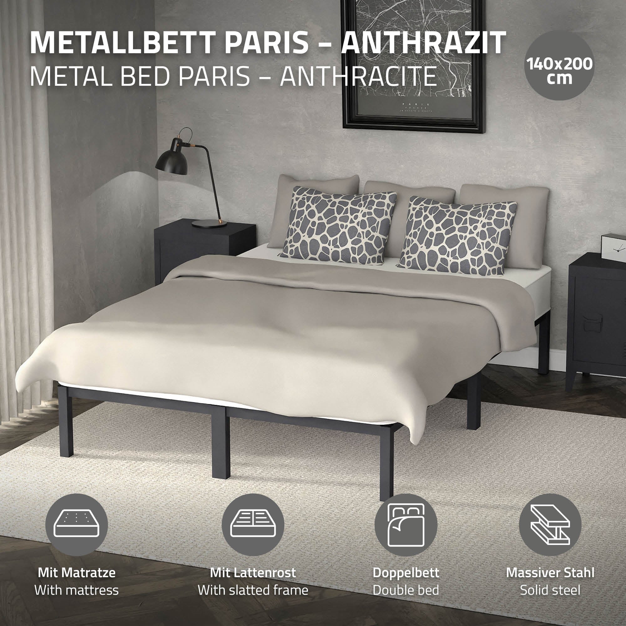 Lit en métal anthracite avec matelas et coussin.