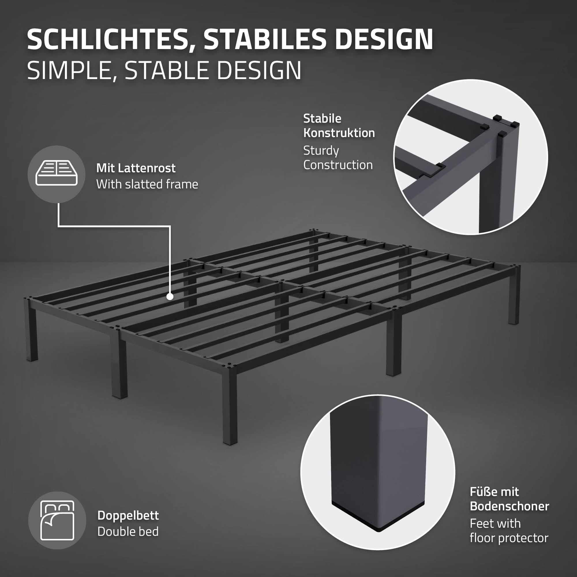 Detailansicht des stabilen Rahmens eines Metallbettes.