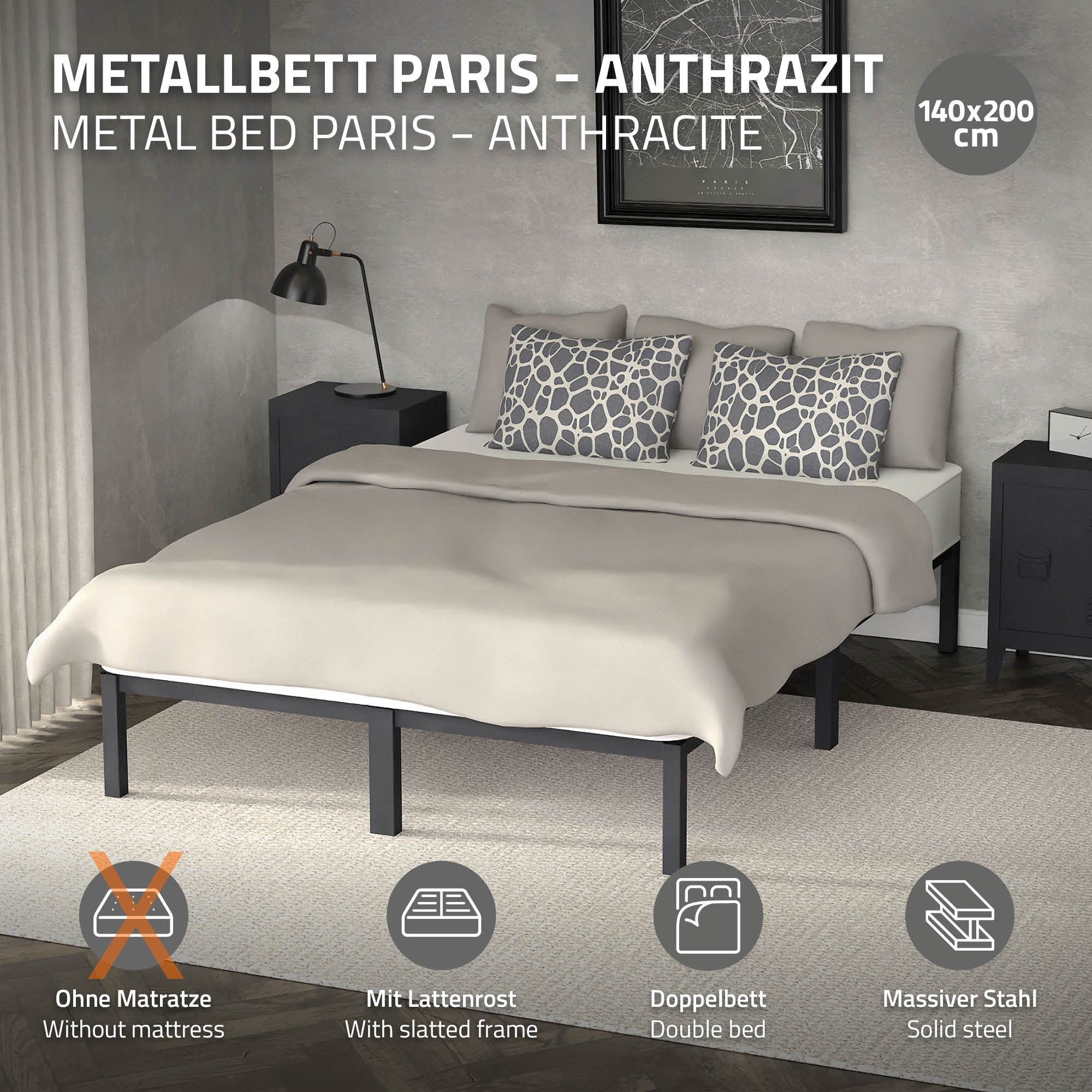 Metallbett in Anthrazit mit zwei Kissen und Bettwäsche.
