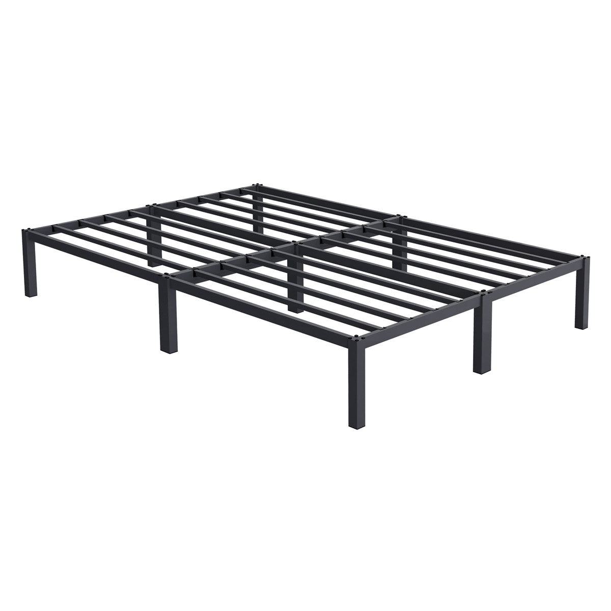 Schwarzes Metallgestell für ein Bett, ohne Matratze.