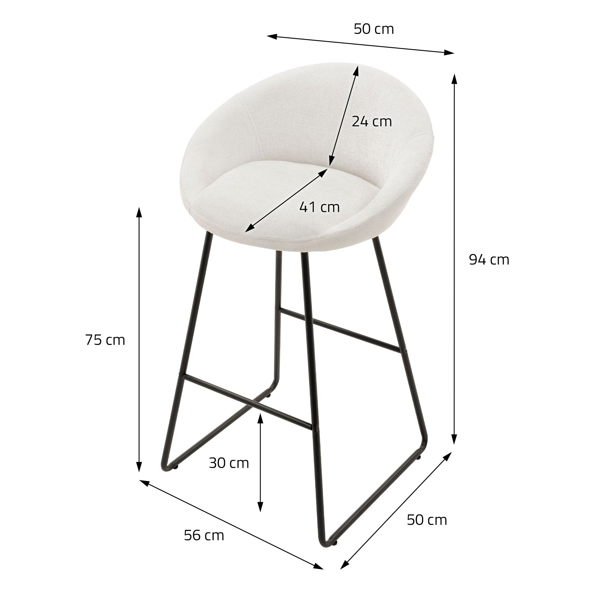Målangivelse af en barstol med dimensioner i centimeter.