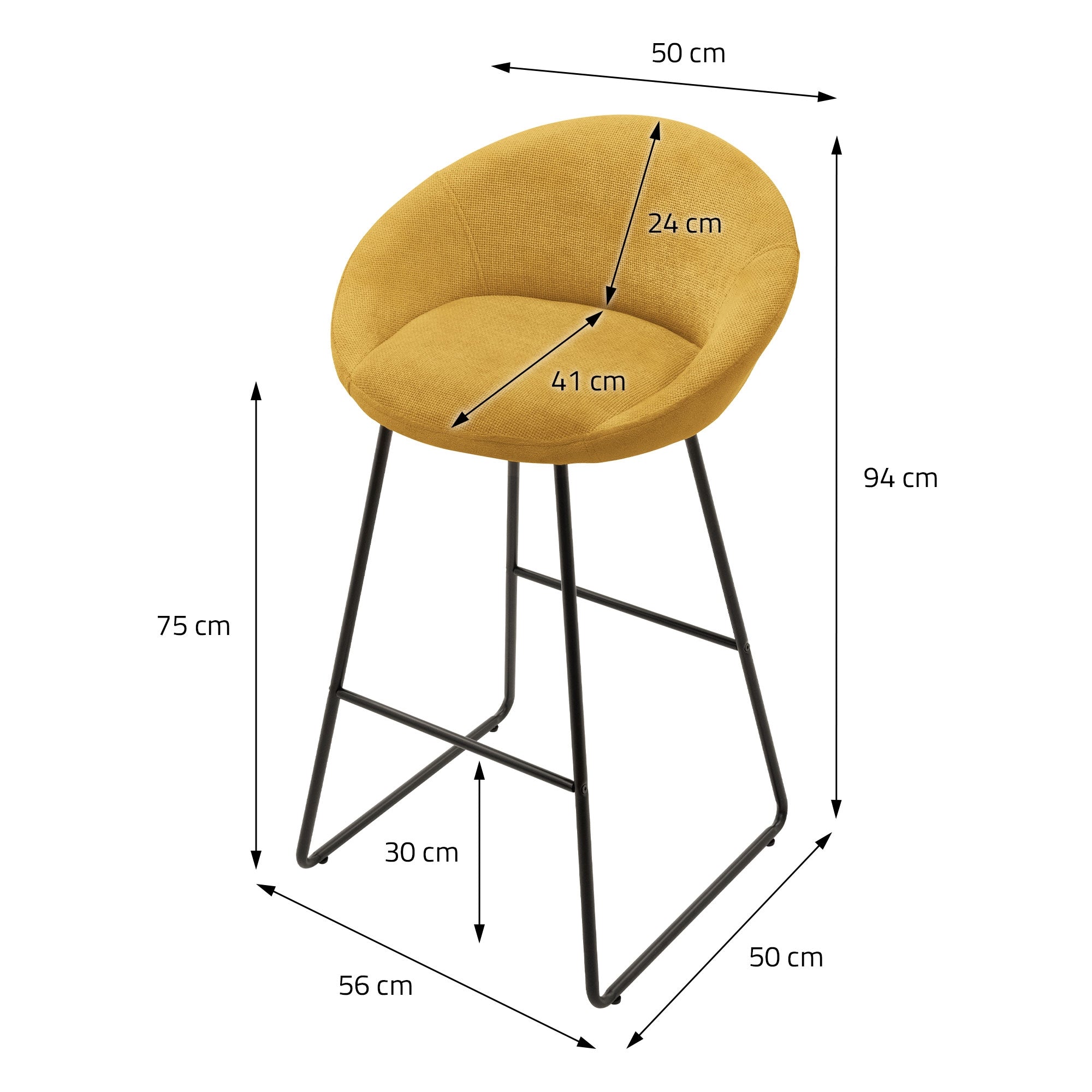 Målestregning af en gul høj stol med dimensioner.