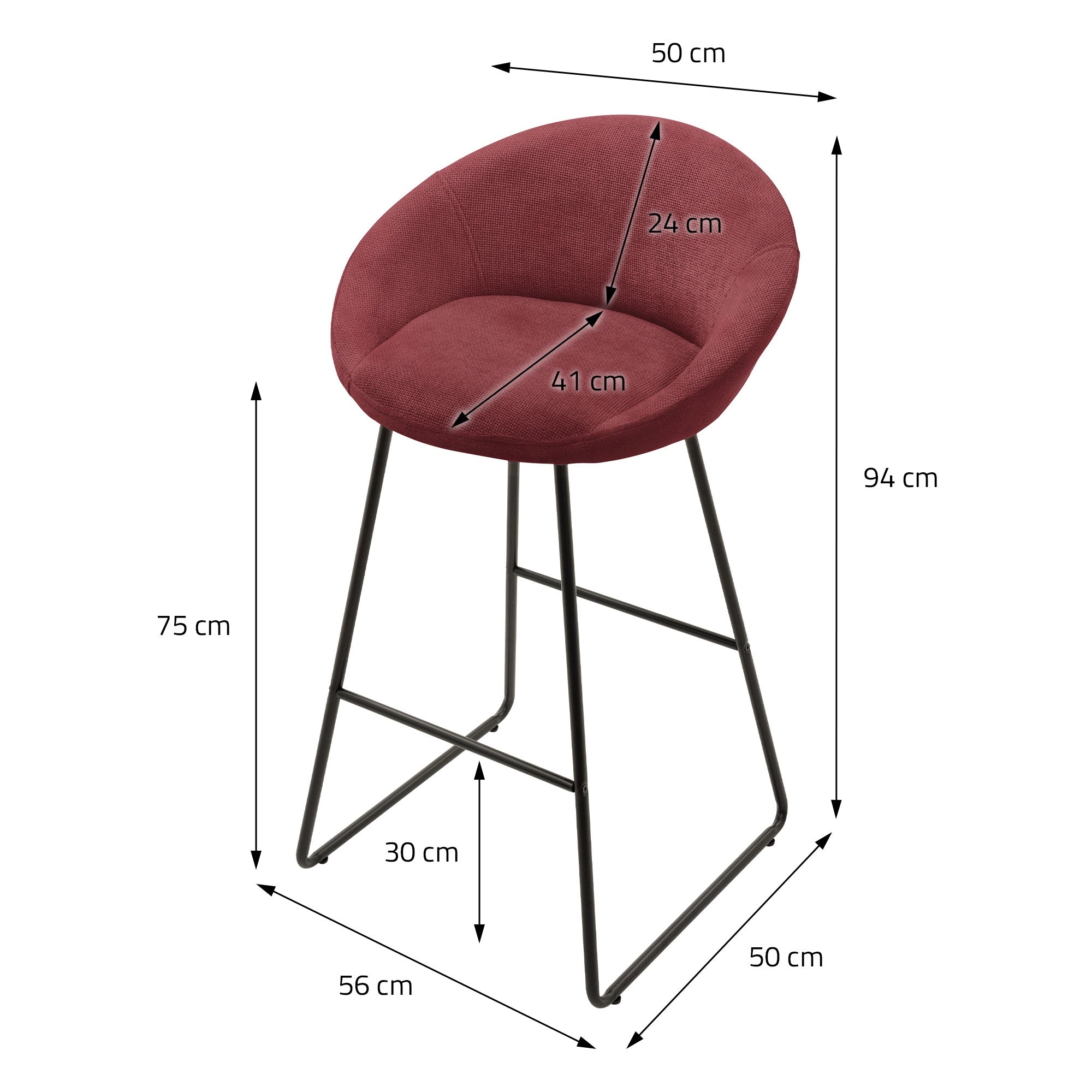 Målestregning af en barstol med dimensioner i cm.