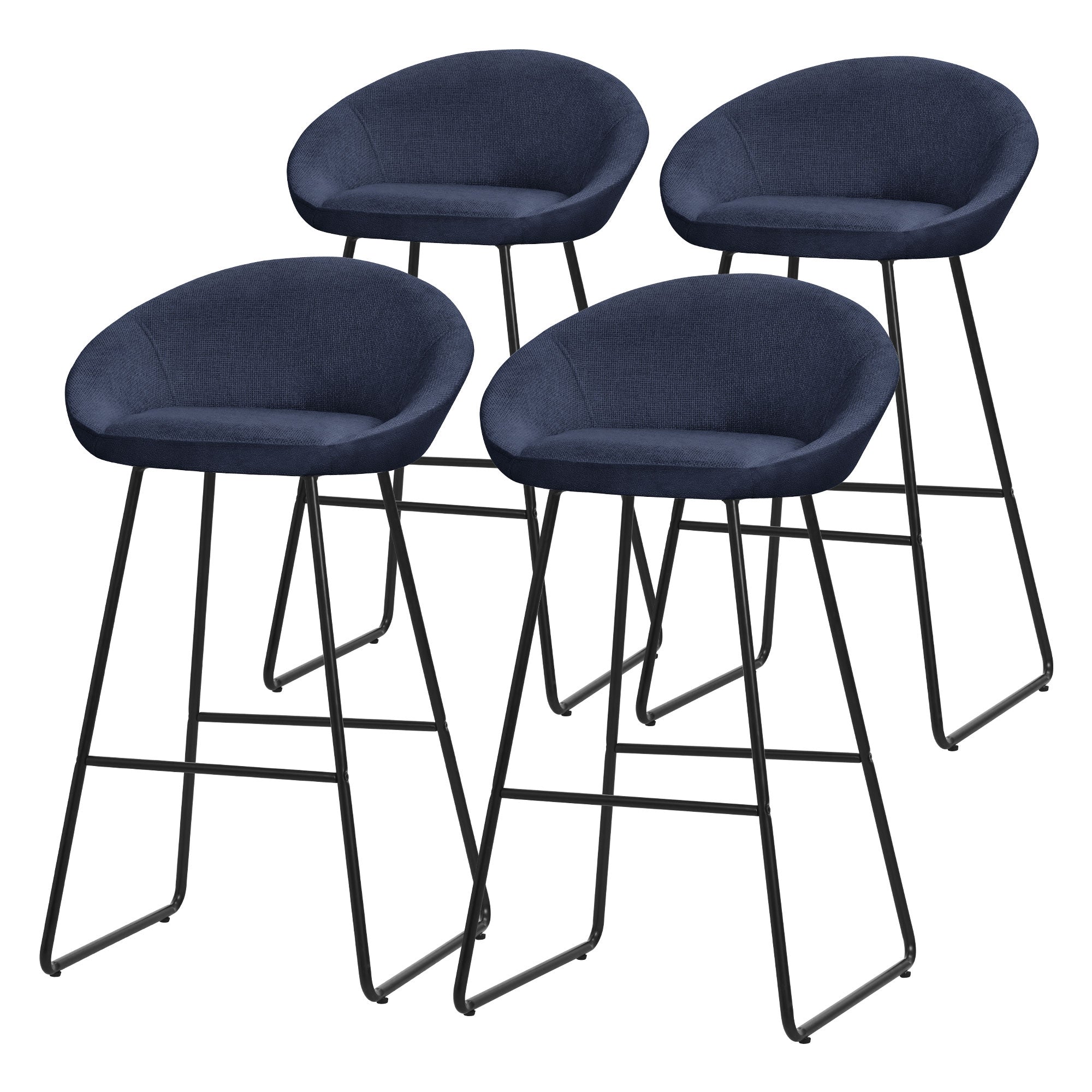 Vier dunkelblaue Barhocker mit runden Sitzen und schwarzen Beinen.
