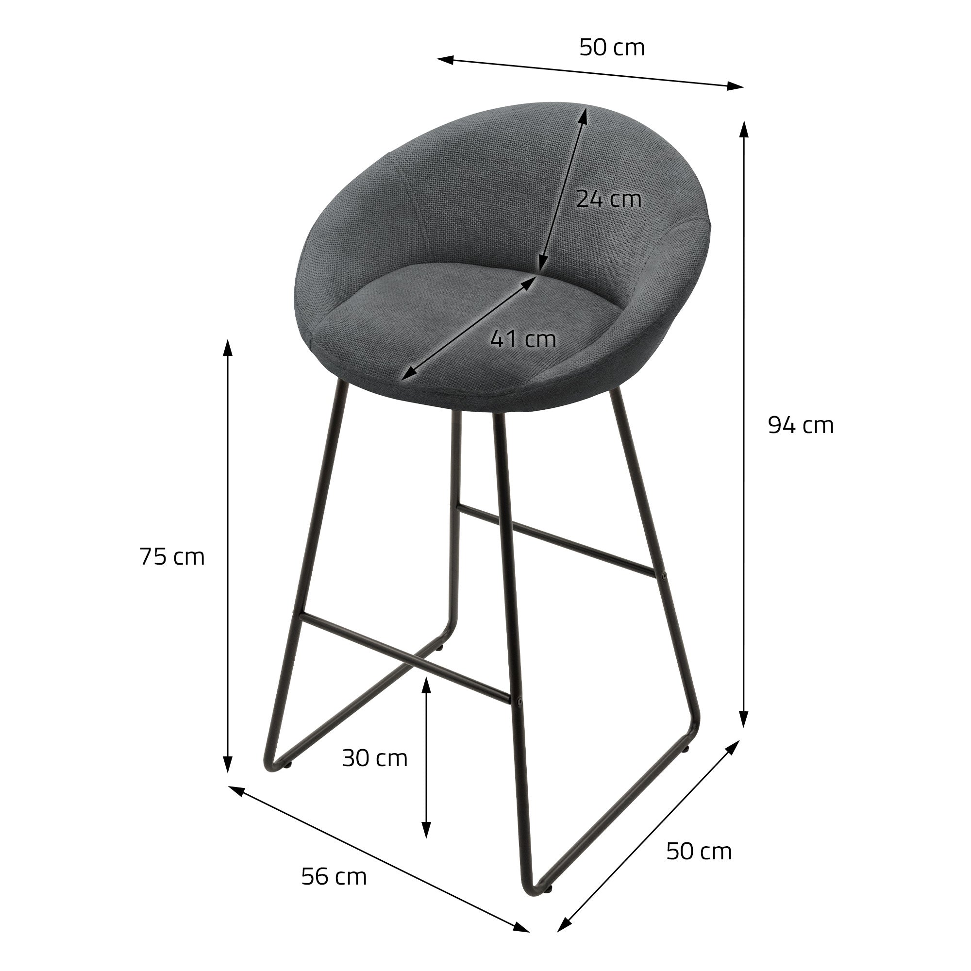 Magas szék méretei: 50 cm szélesség, 94 cm magasság, 30 cm lábtartó.