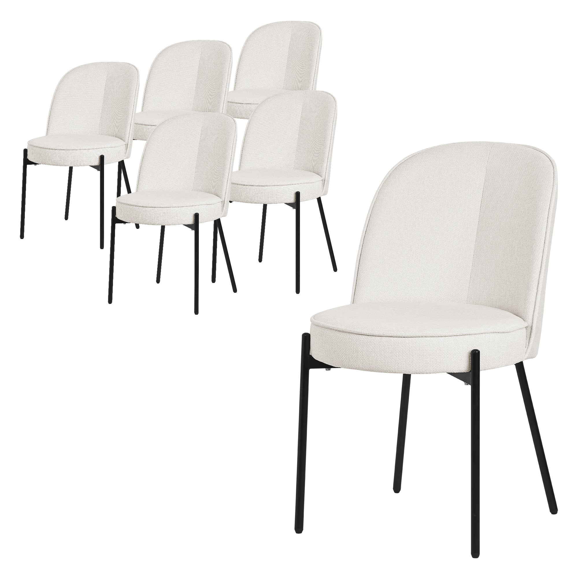Six chaises blanches avec des pieds noirs en groupe.