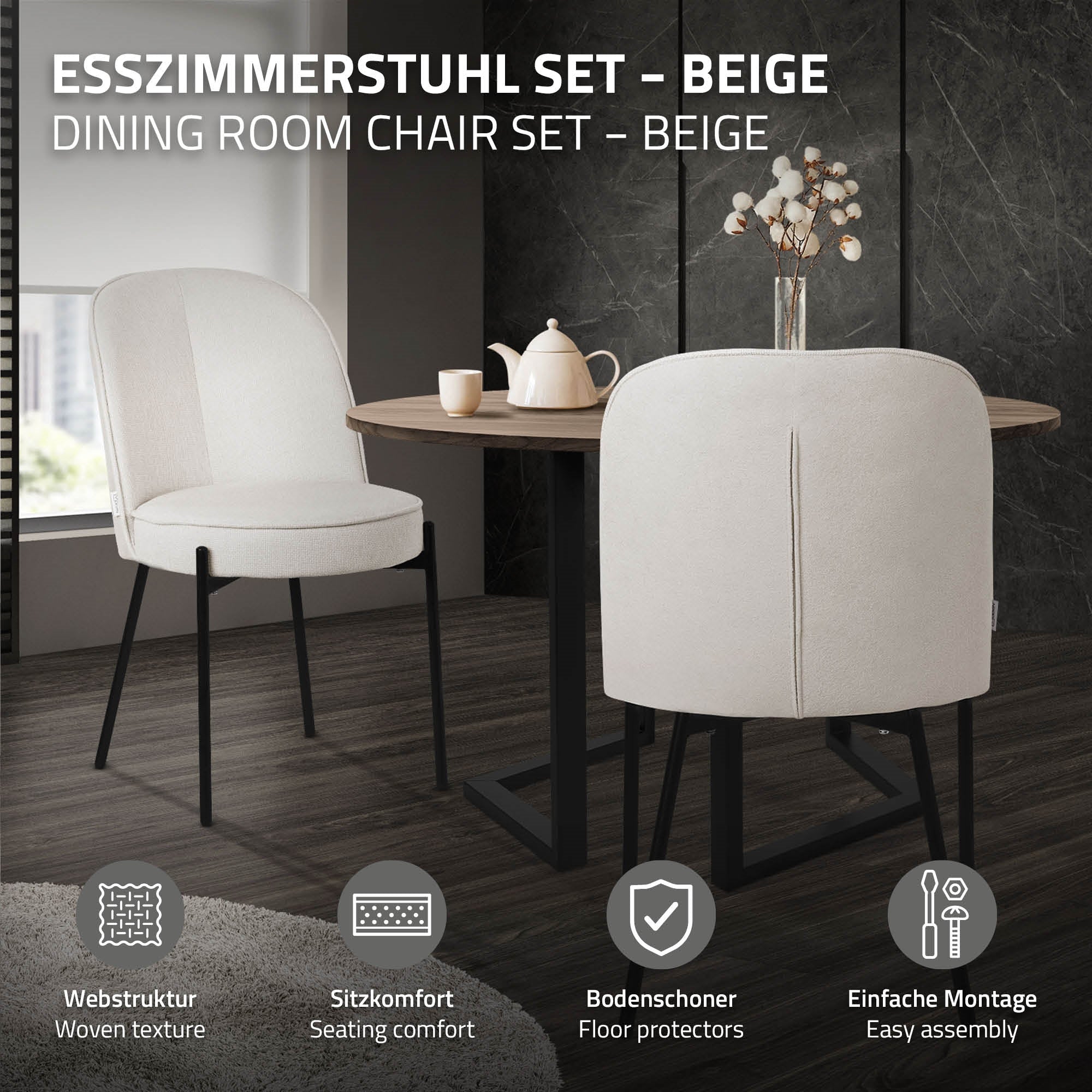 Chaise de salle à manger beige avec description de la structure du tissu et du montage.