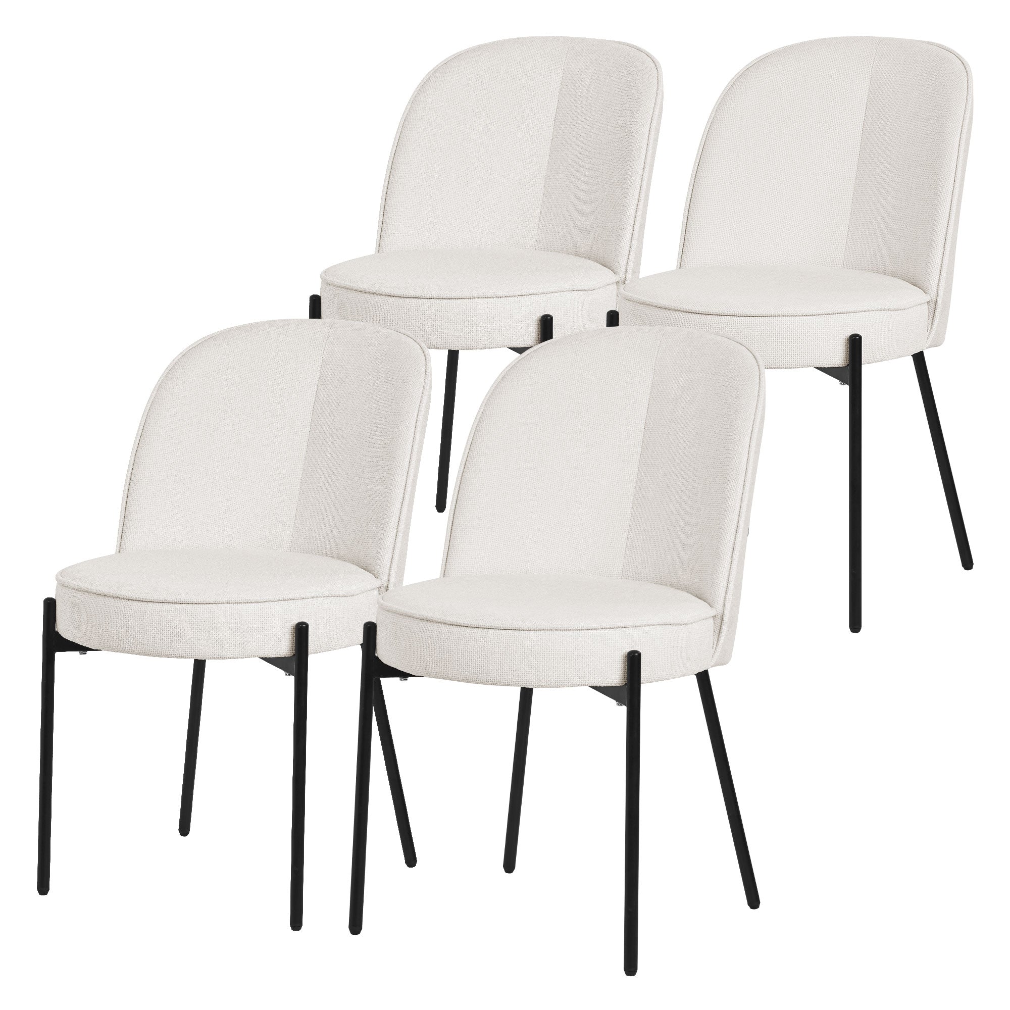 Quatre chaises blanches avec des sièges ronds et des pieds noirs.