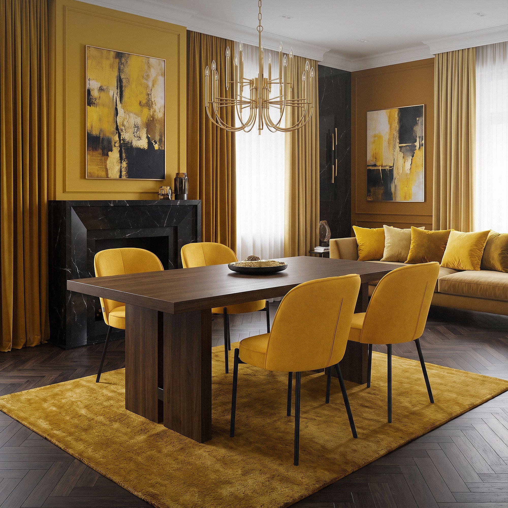 Esszimmer mit gelben Stühlen, einem Holztisch und dekorativen Bildern an der Wand.