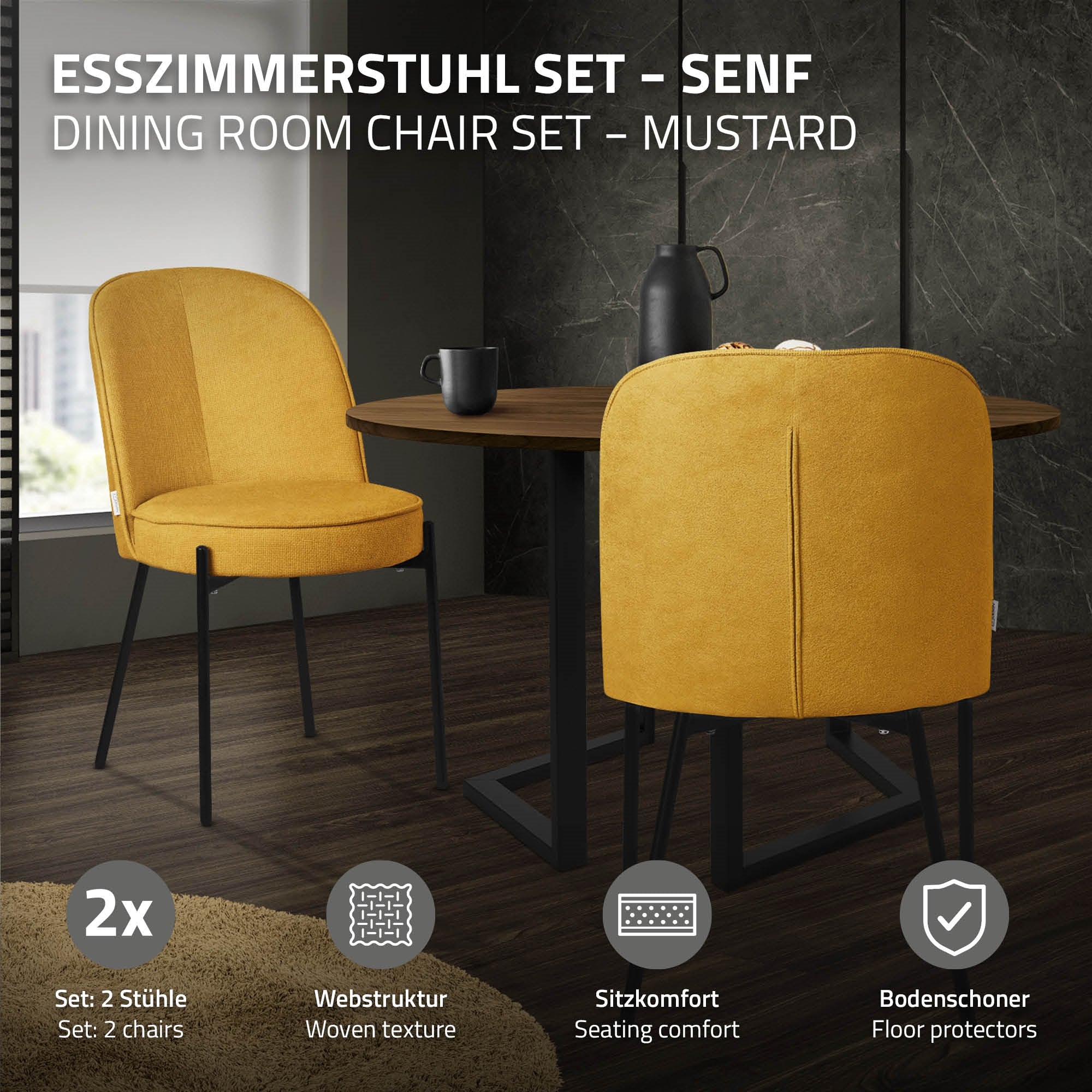 Ensemble de chaises de salle à manger en moutarde avec deux chaises et une table.