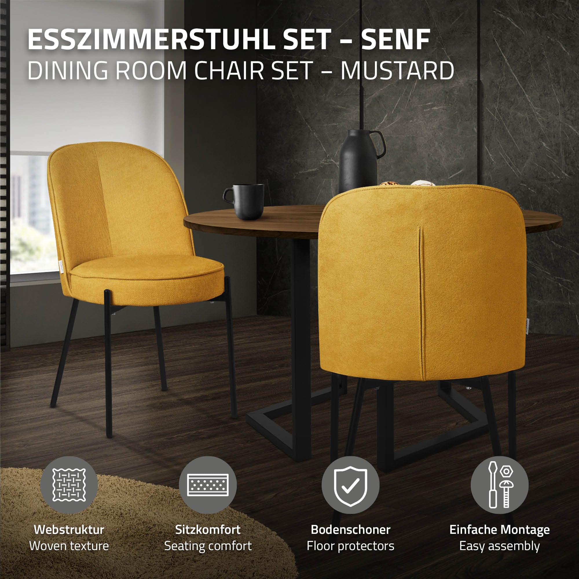 Une chaise de salle à manger couleur moutarde devant une table, avec des informations sur la structure web et le montage.
