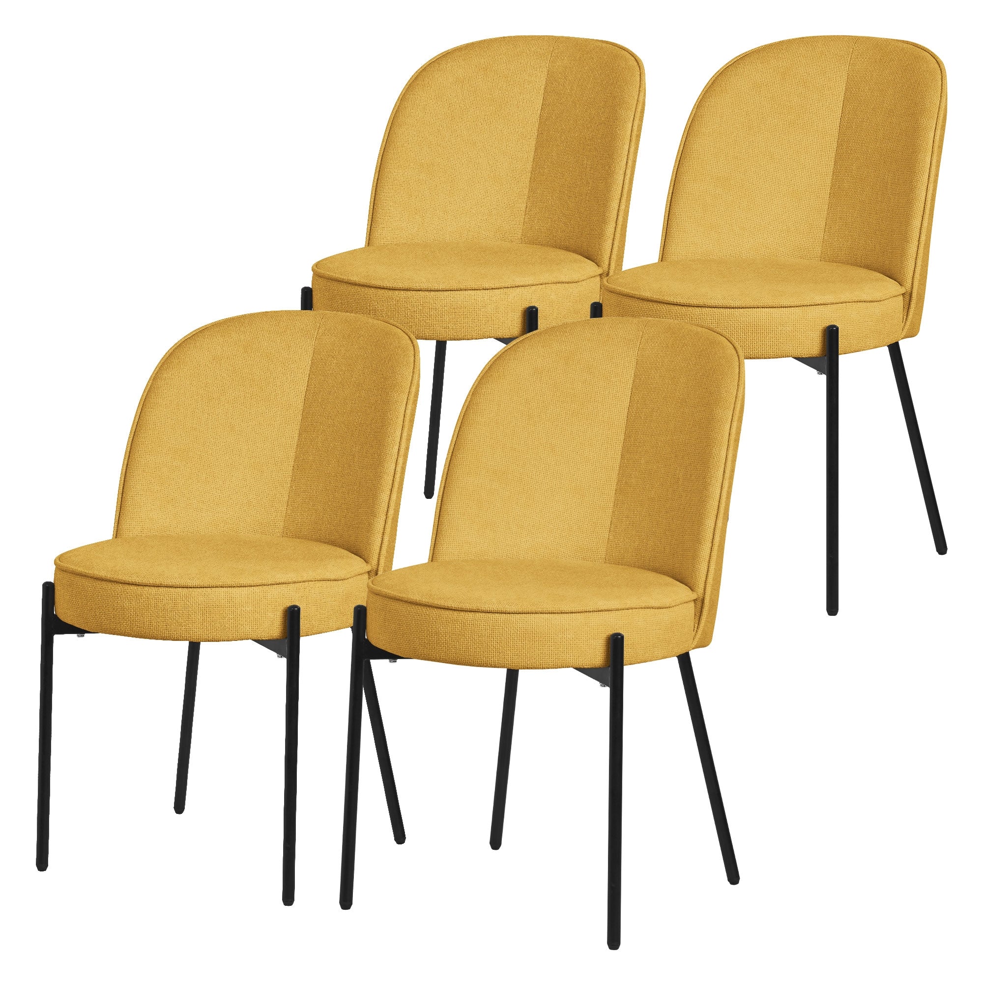 Quatre chaises jaunes avec des pieds noirs en rangée.