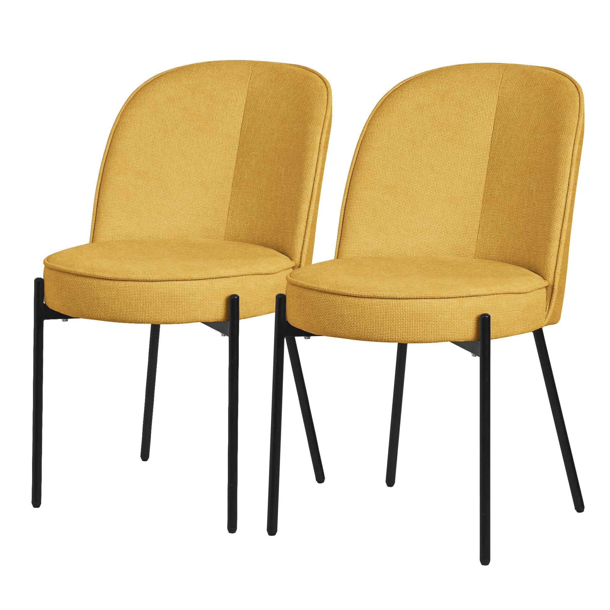 Deux chaises jaunes avec des sièges ronds et des pieds noirs.