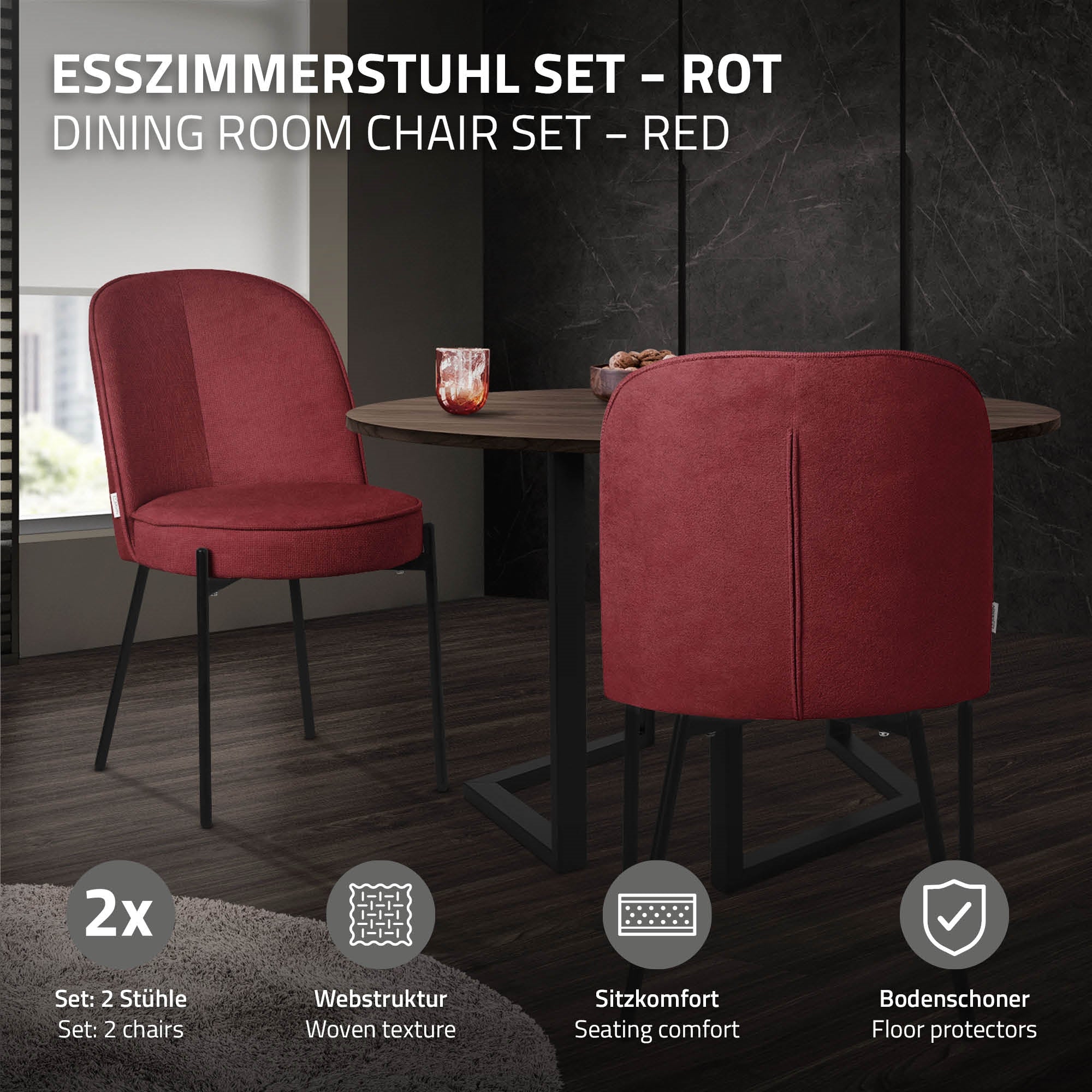 Grafik eines roten Esszimmerstuhl-Sets an einem Tisch.