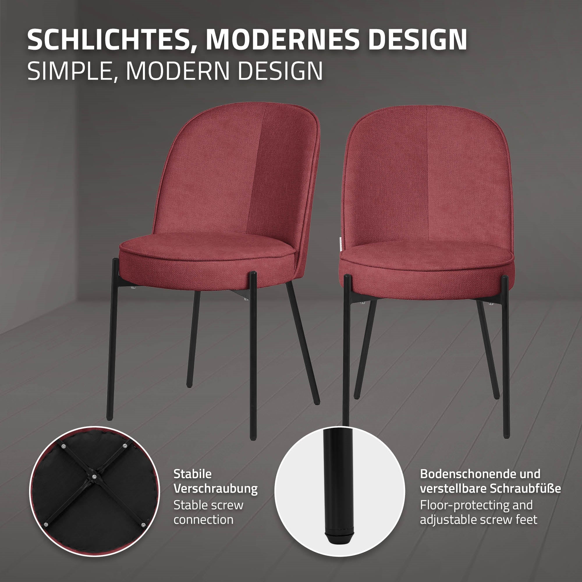 Deux chaises rouges avec une connexion stable et des pieds réglables.