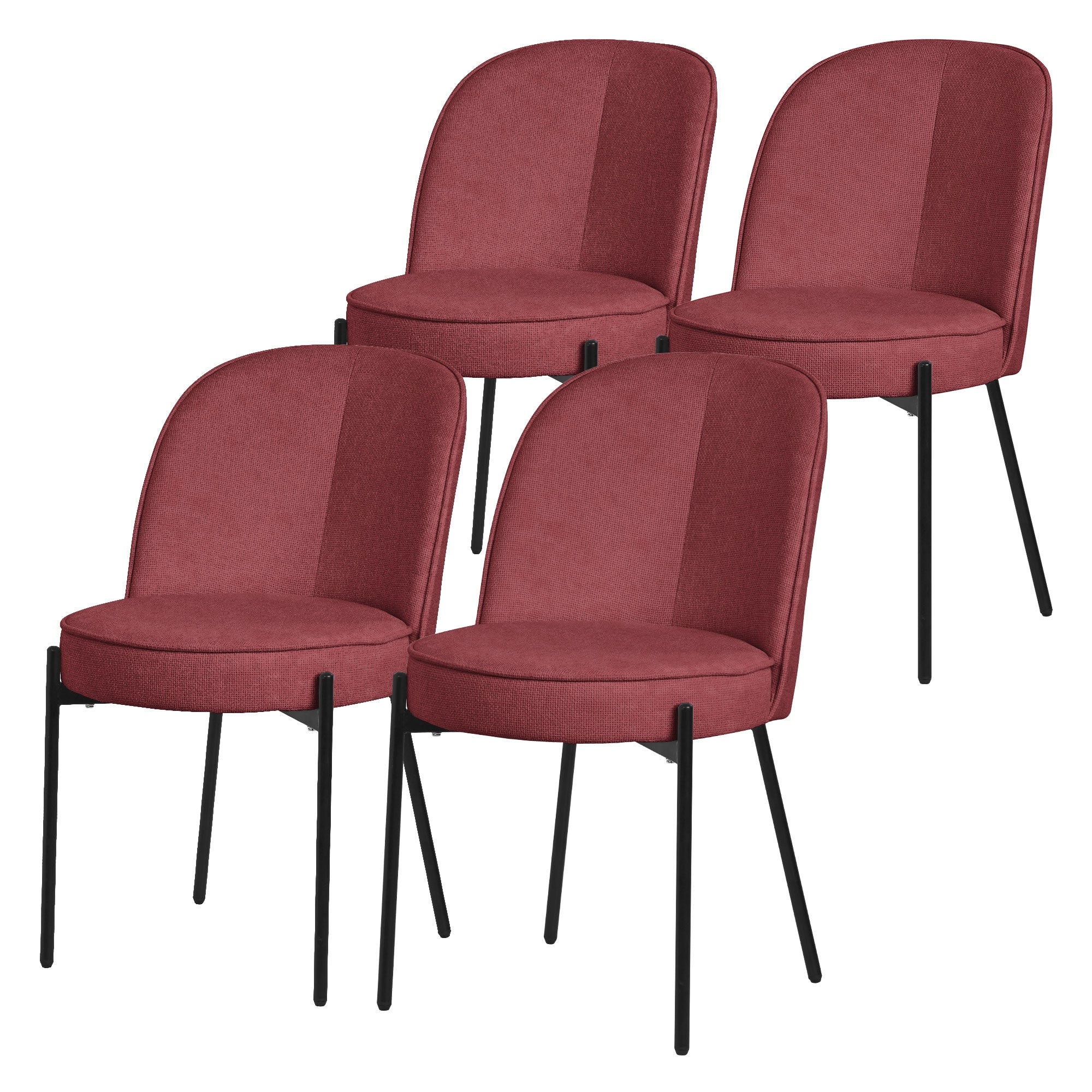 Quatre chaises rembourrées rouges avec des pieds noirs, disposées côte à côte.