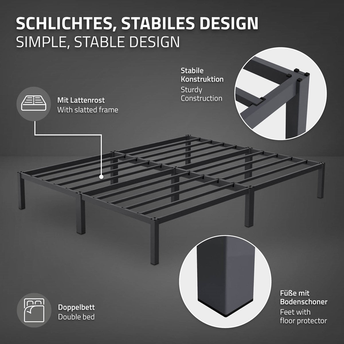 Grafik eines stabilen Bettrahmens mit verschiedenen Designmerkmalen.