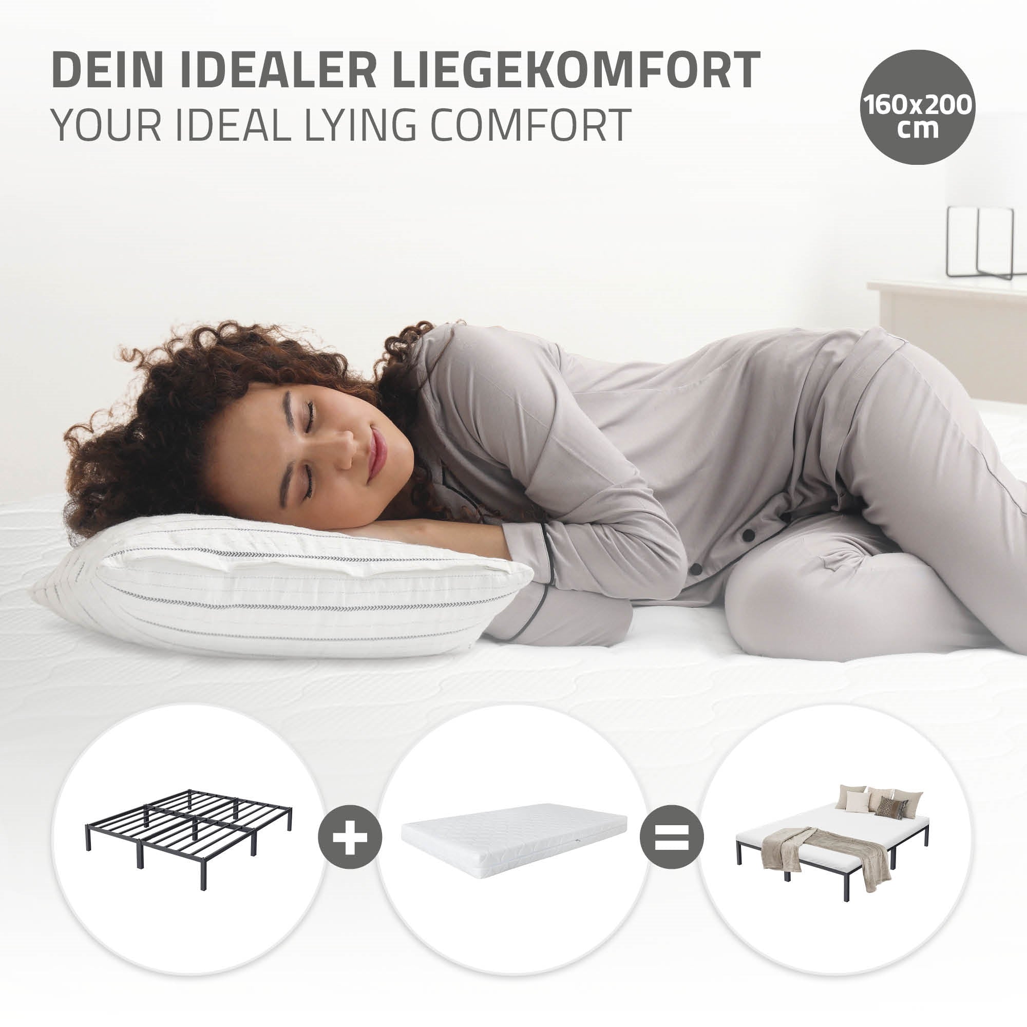 Eine schlafende Person auf einem Bett mit Kopfkissen und Matratze.