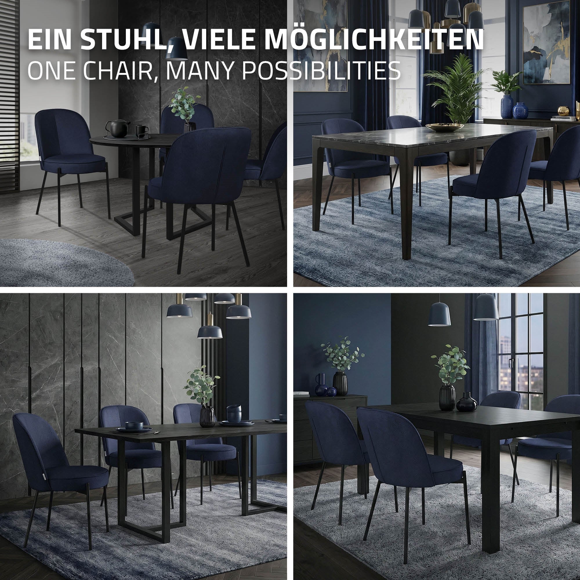 Verschiedene Ansichten eines blauen Stuhls in einem modernen Raum.
