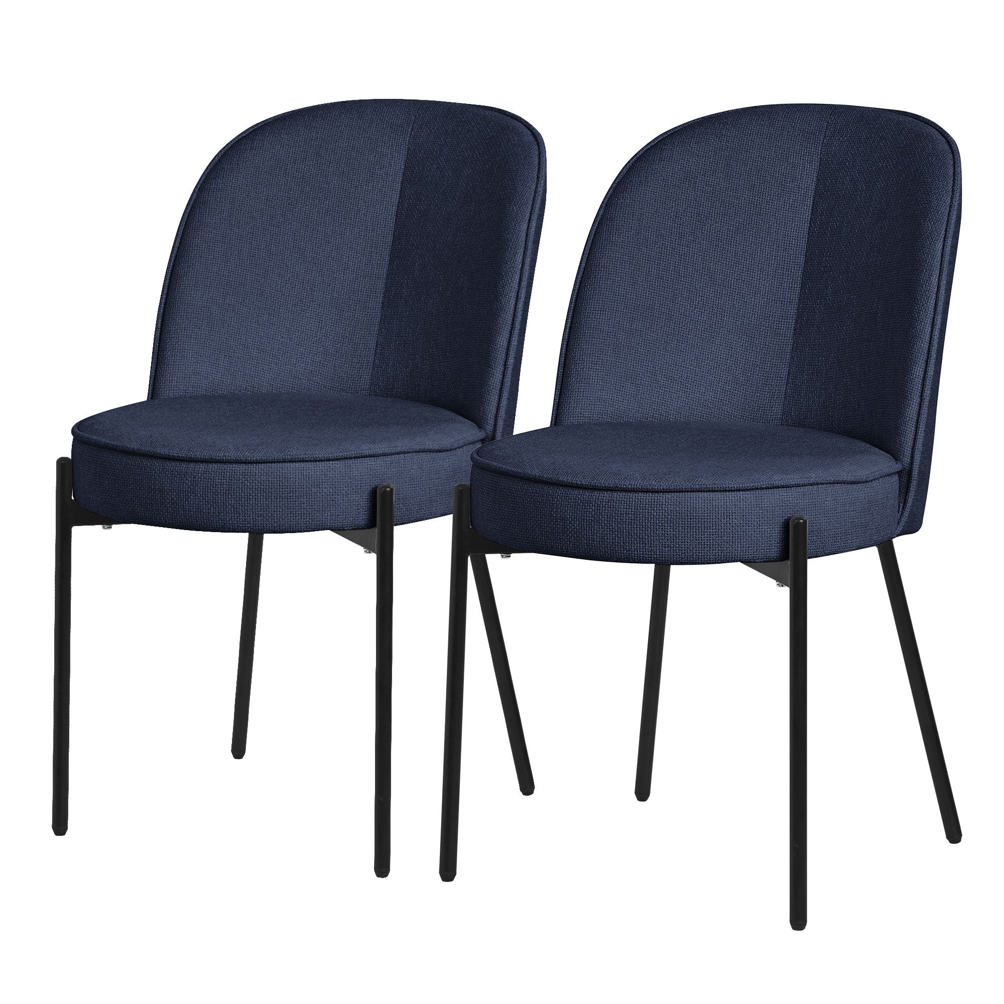 Zwei dunkelblaue Stühle mit schwarzem Gestell, nebeneinander.