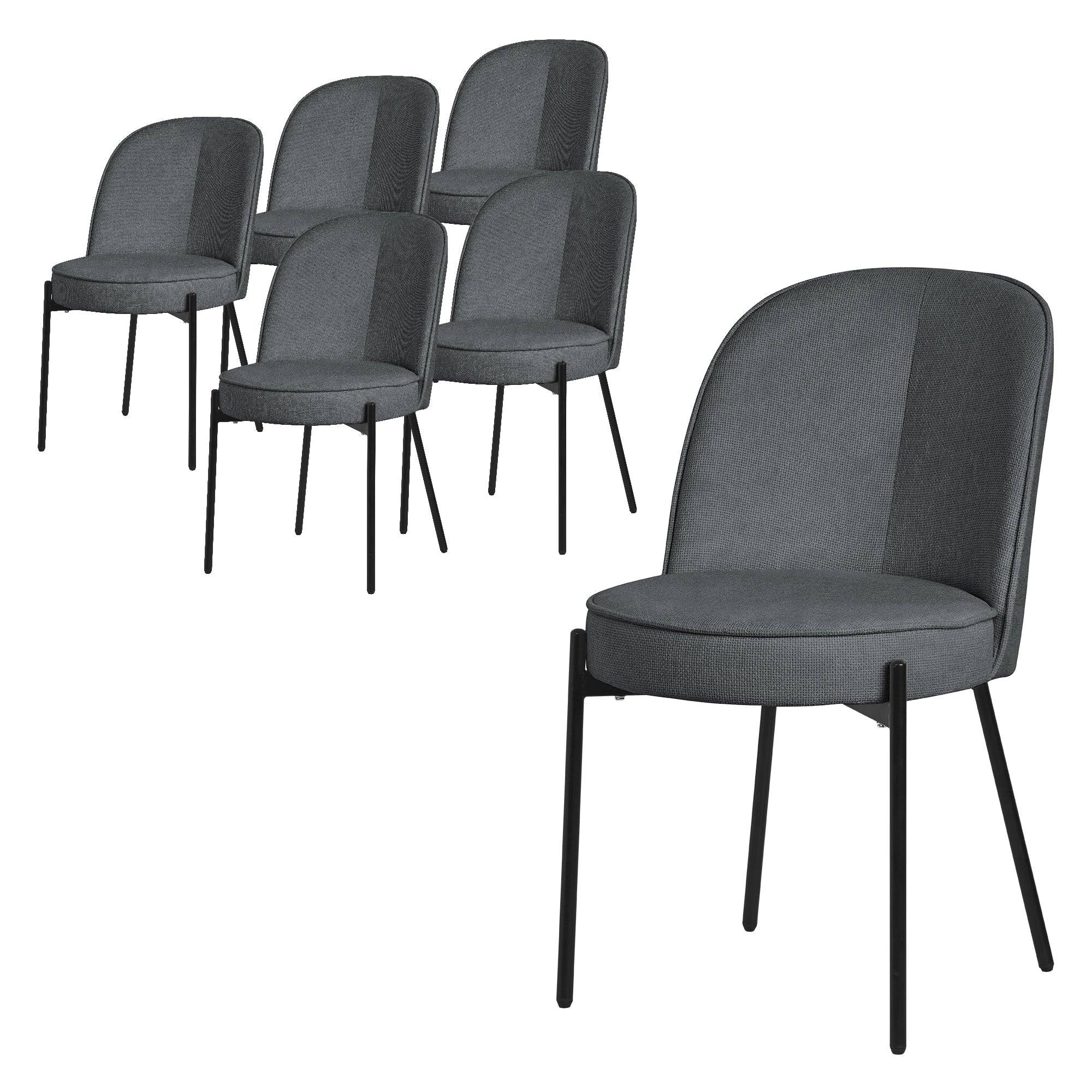 Sechs graue Stühle mit runden Sitzen und schwarzen Beinen auf einem weißen Hintergrund.