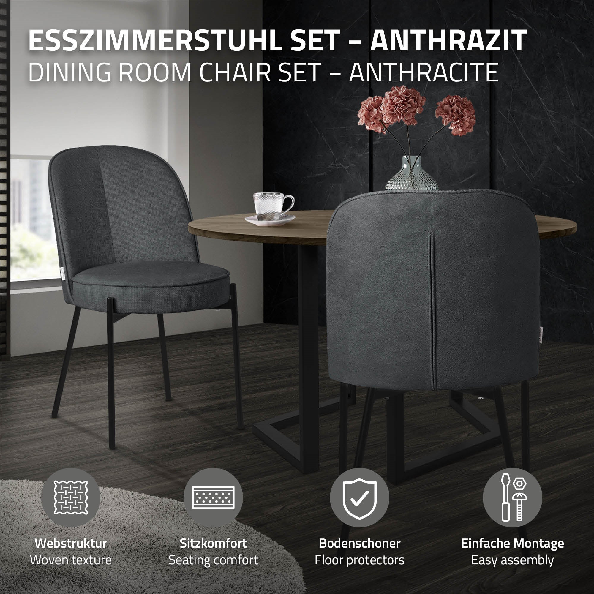 Étkezőszék szett antracit színben egy kerek asztalnál egy modern térben.