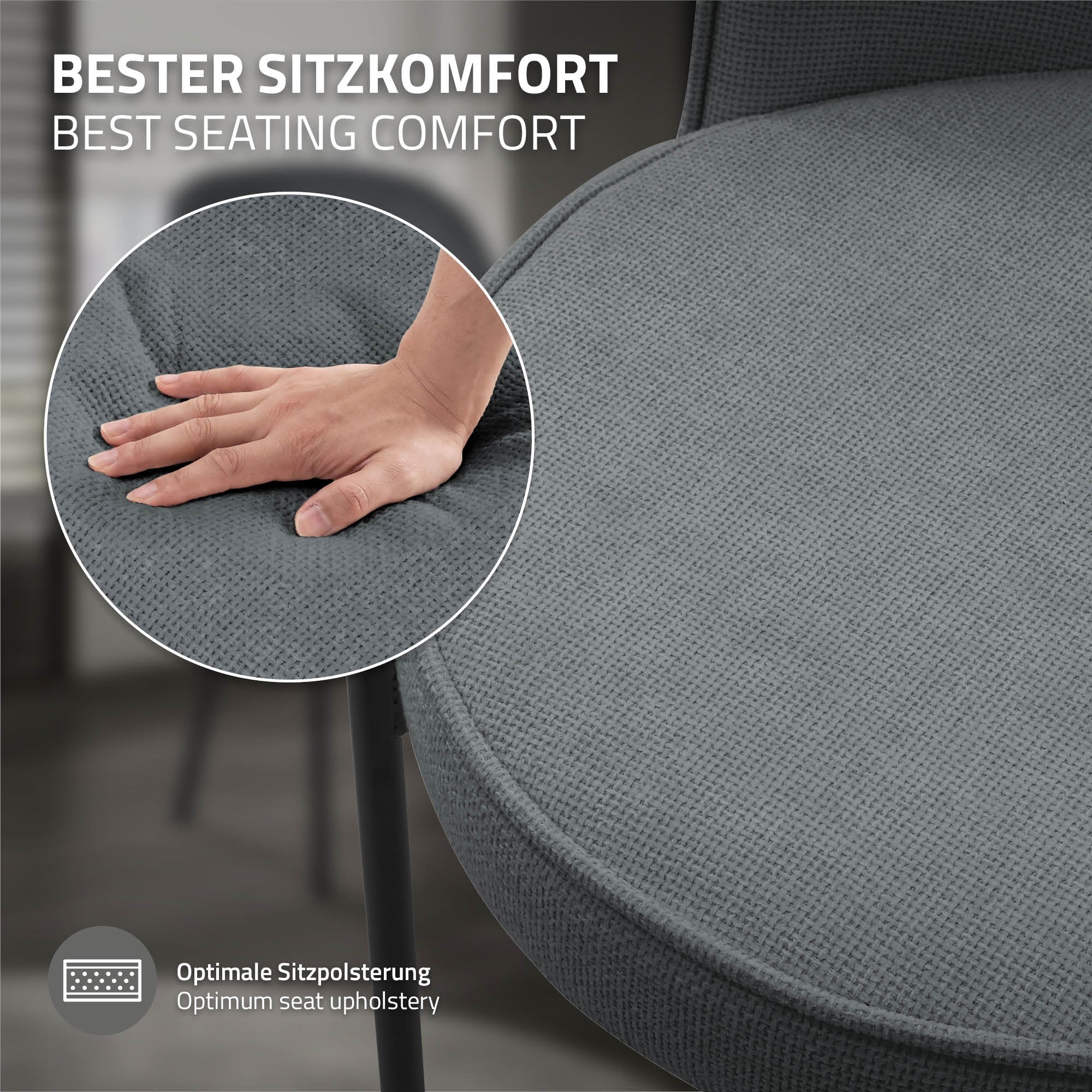 Nahaufnahme einer Hand auf einer grauen Stuhlpolsterung.