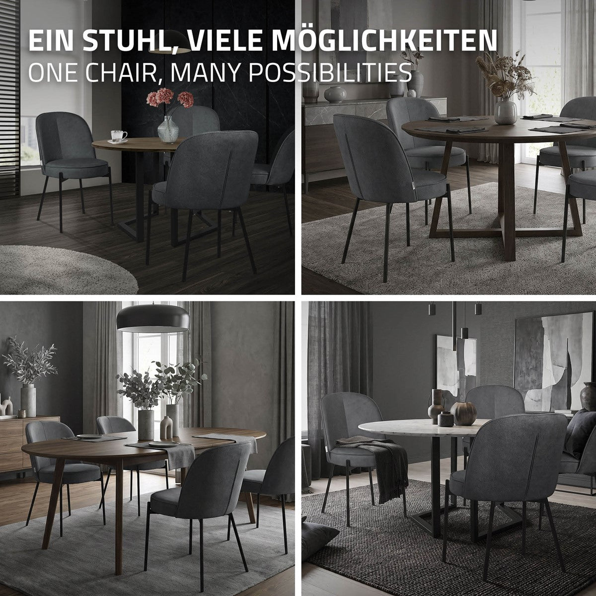 Různé možnosti s šedou židlí v elegantní jídelně.