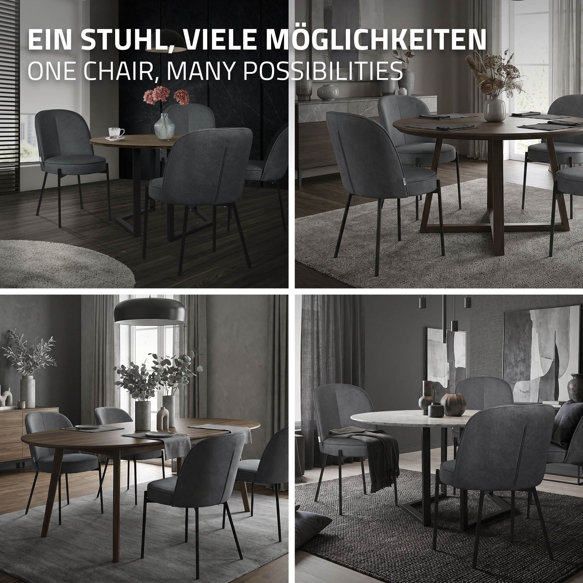 Verschiedene Möglichkeiten mit einem grauen Stuhl in einem eleganten Esszimmer.