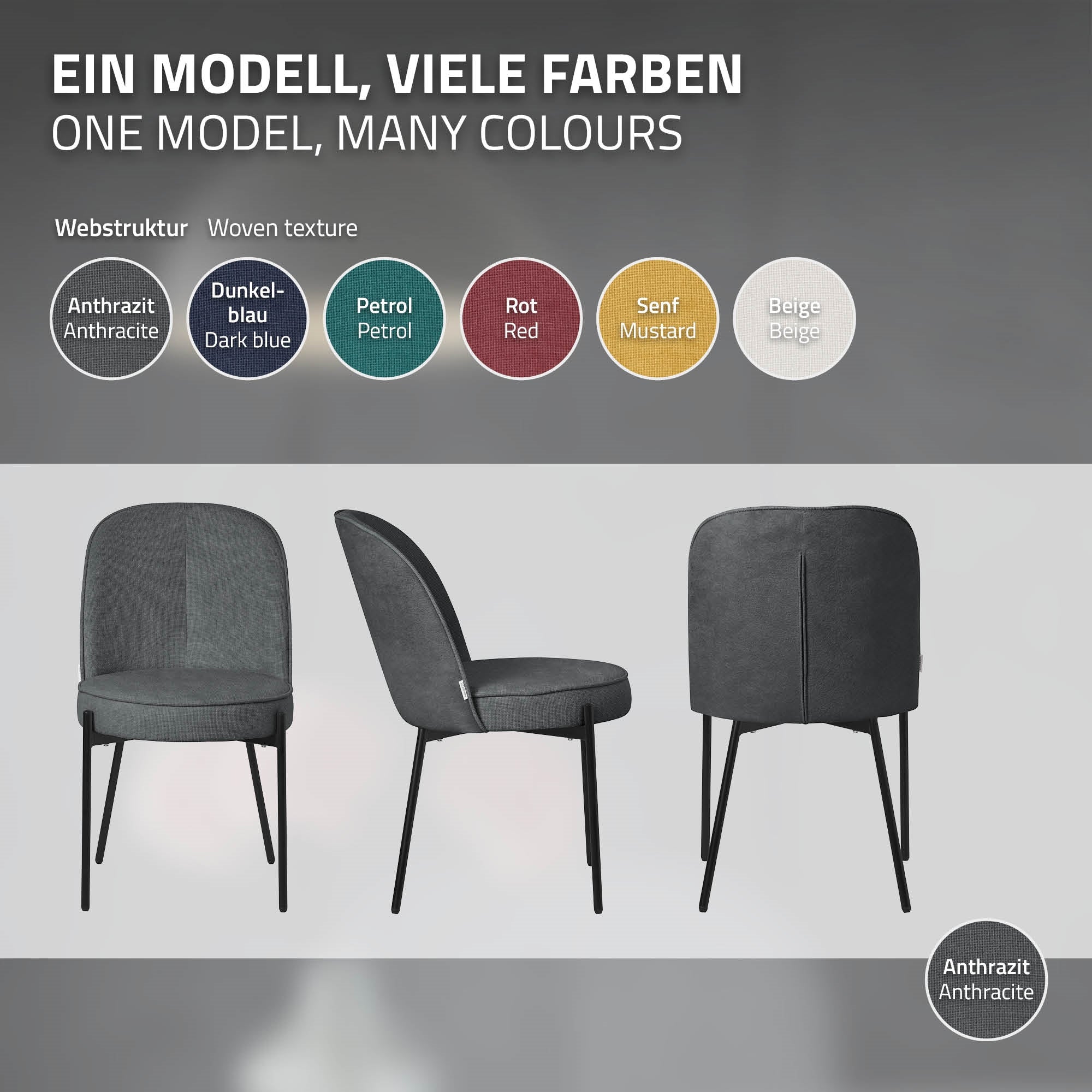 Graue Esszimmerstühle in verschiedenen Farben auf einem hellen Hintergrund.
