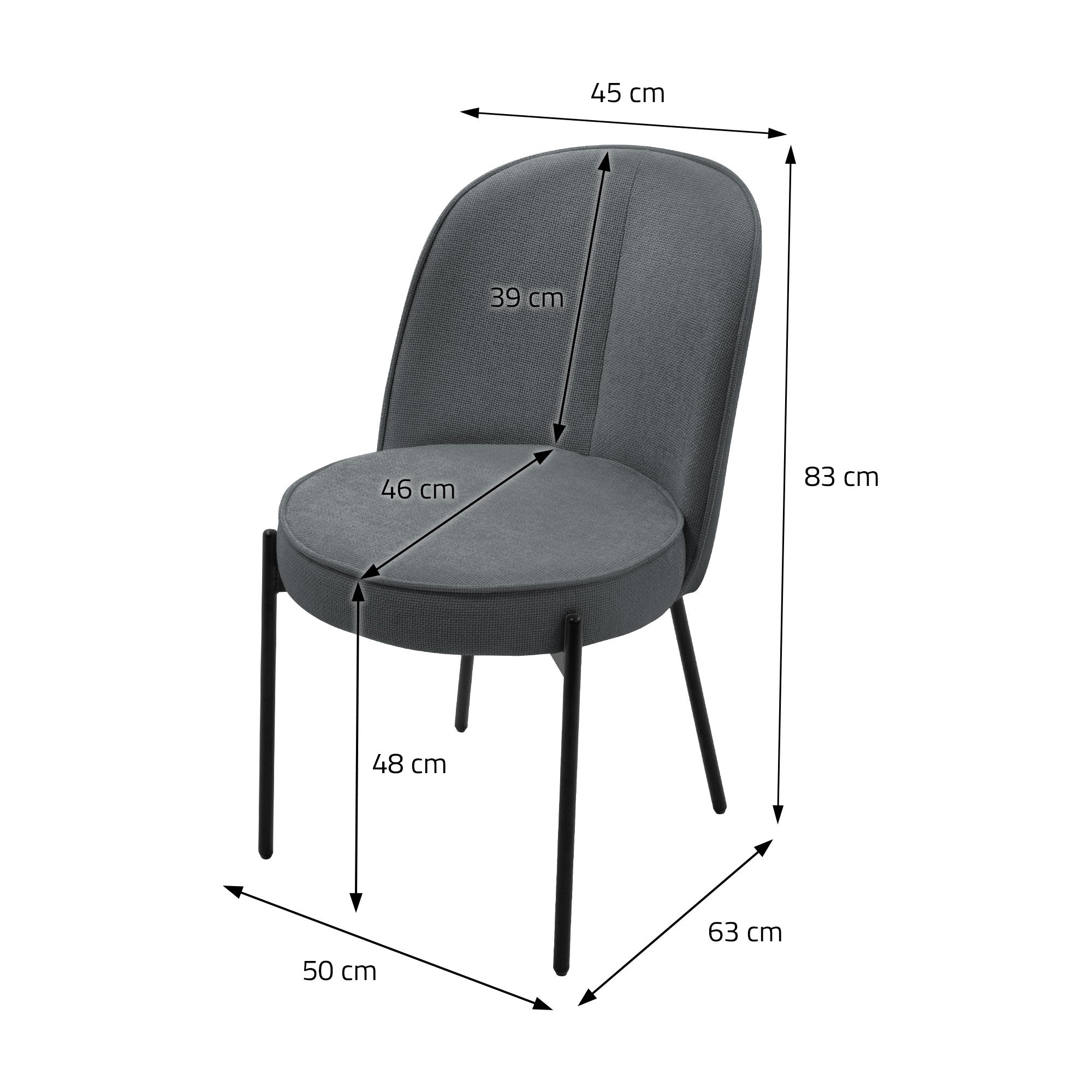 Szürke szék méretei: 45 cm szélesség, 83 cm magasság, 50 cm mélység.
