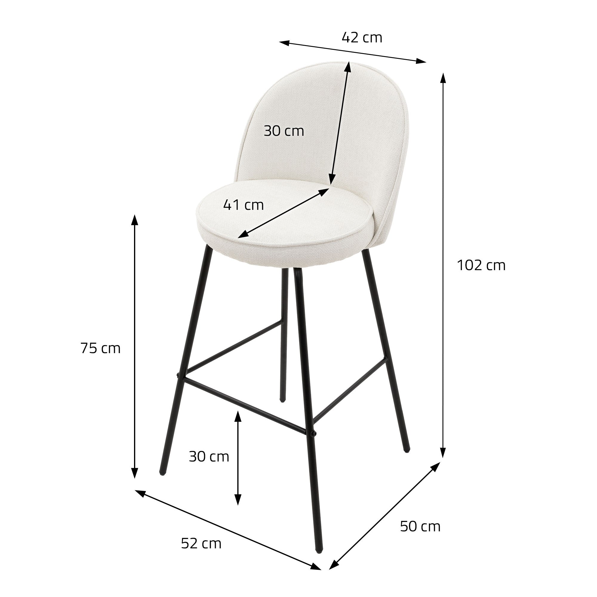 Høj stol med mål: 42 cm bredde, 30 cm dybde, 102 cm højde.