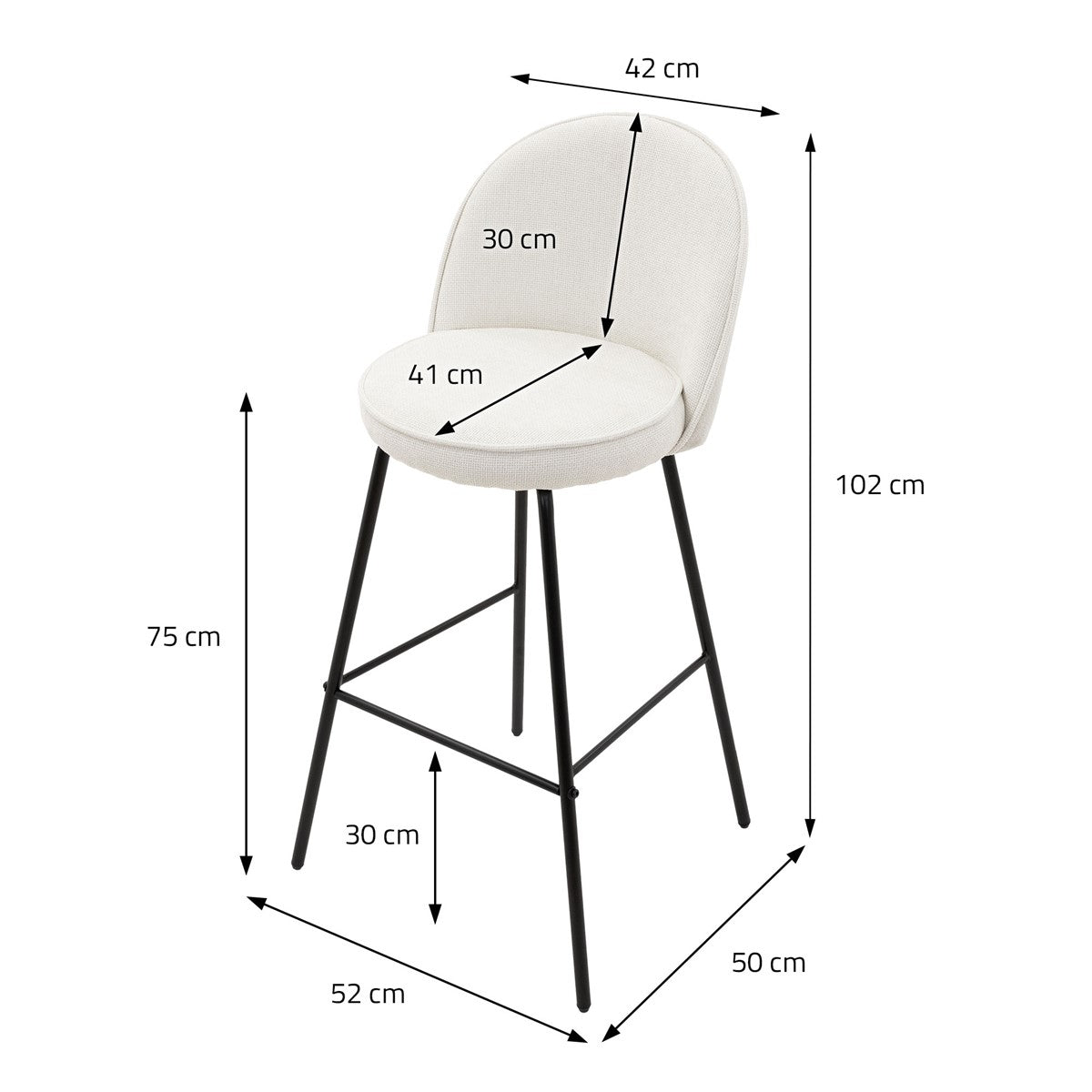 Hochstuhl mit Maßen: 42 cm Breite, 30 cm Tiefe, 102 cm Höhe.