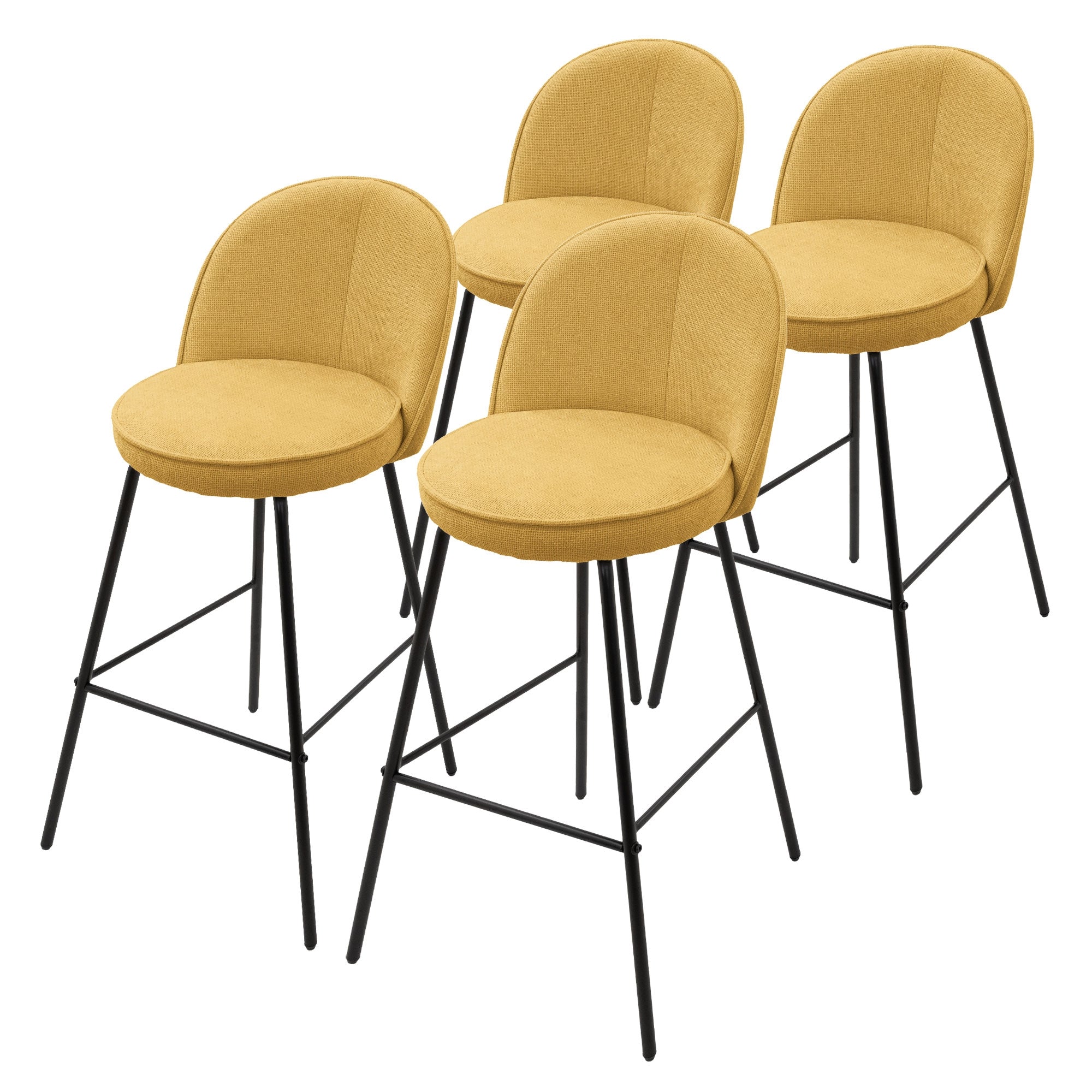 Vier gelbe Barhocker mit runden Sitzen und schwarzen Metallbeinen.
