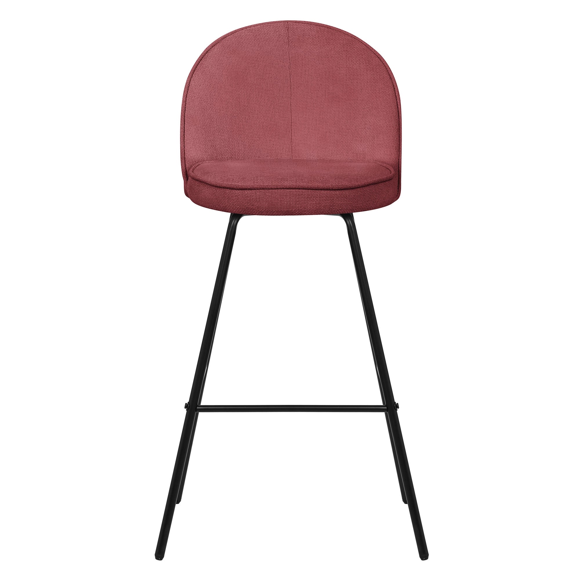 Ein roter Barhocker mit runder Rückenlehne und schwarzem Gestell.