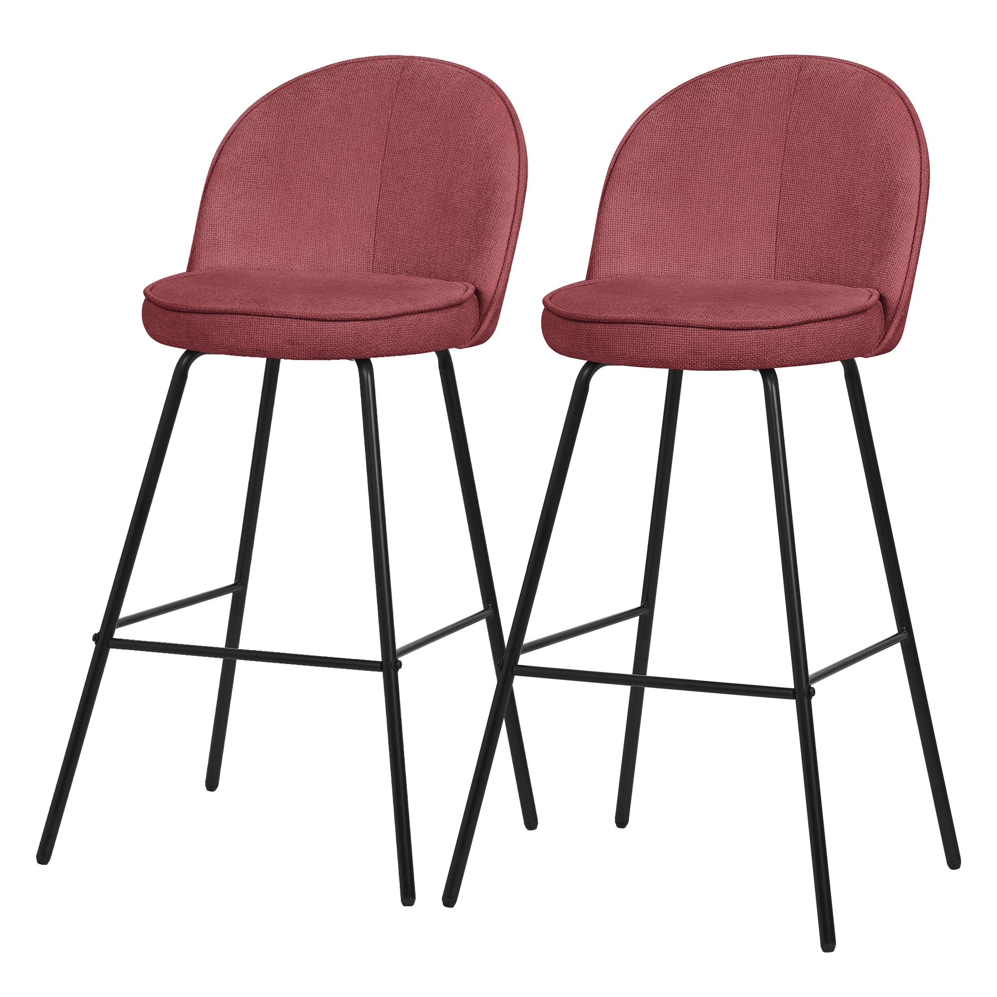 Zwei rote Barhocker mit runder Sitzfläche und schwarzen Beinen.