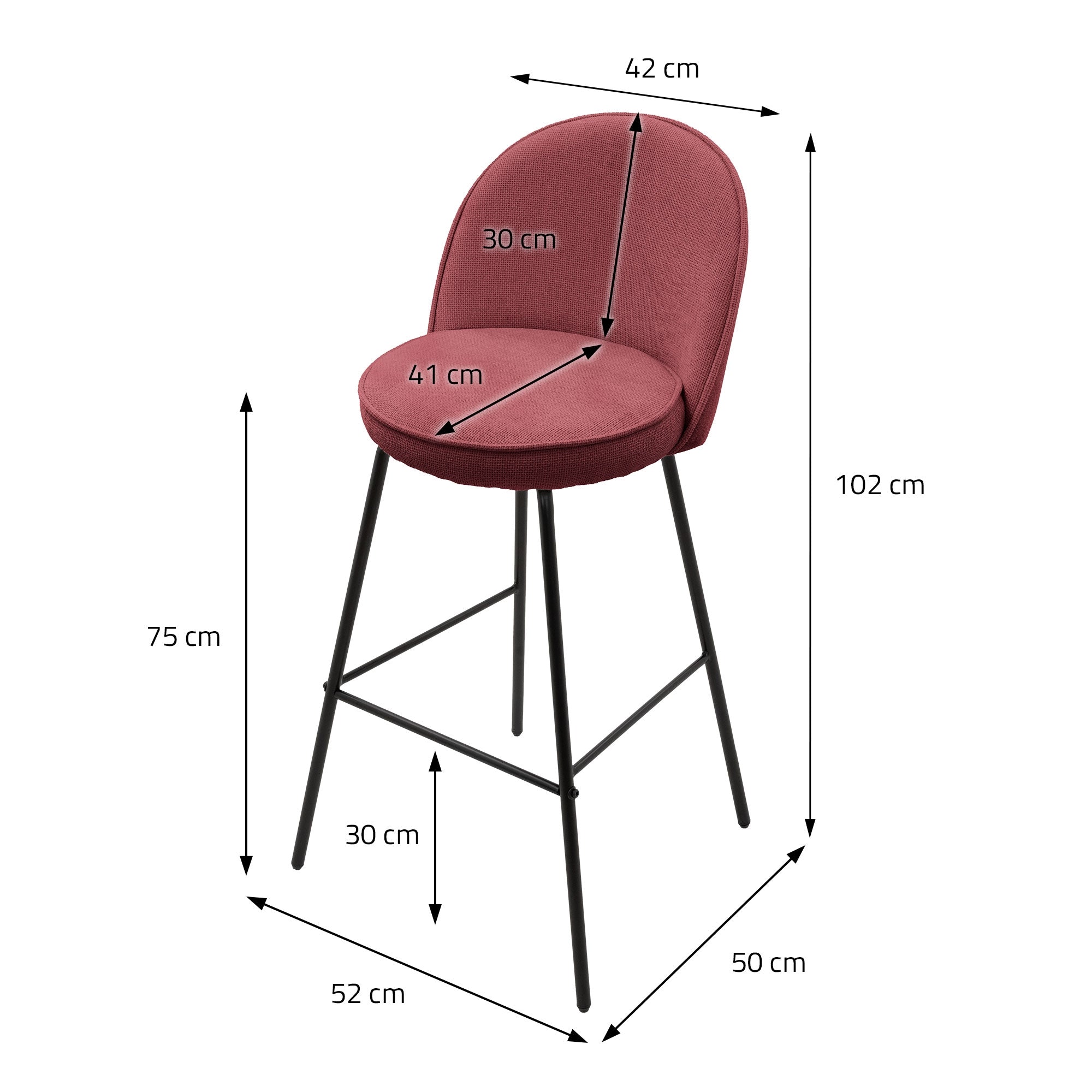 Måltegning af en barstol med højde, bredde og dybde i centimeter.