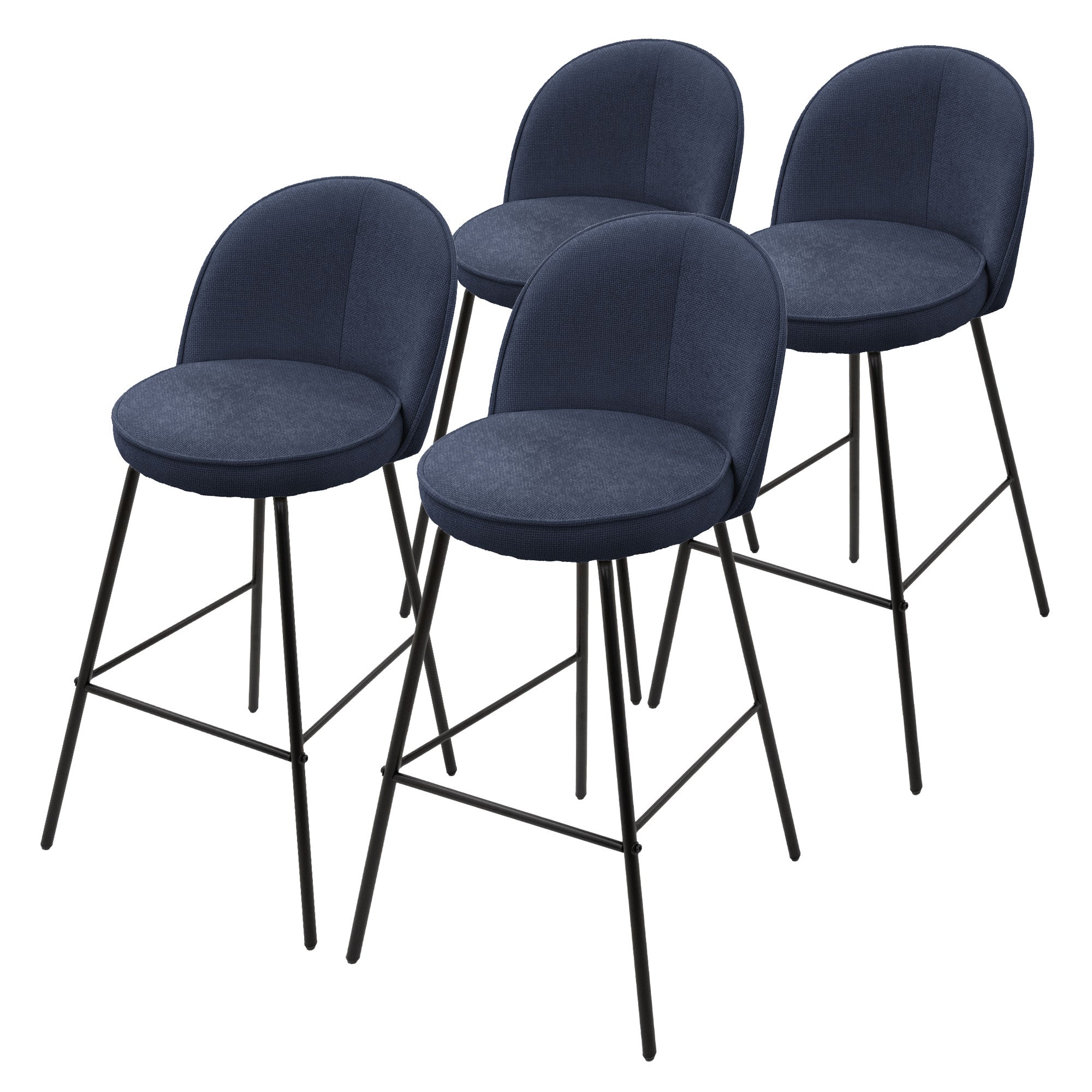 Vier dunkelblaue Barhocker mit runden Sitzen und schwarzen Metallbeinen.