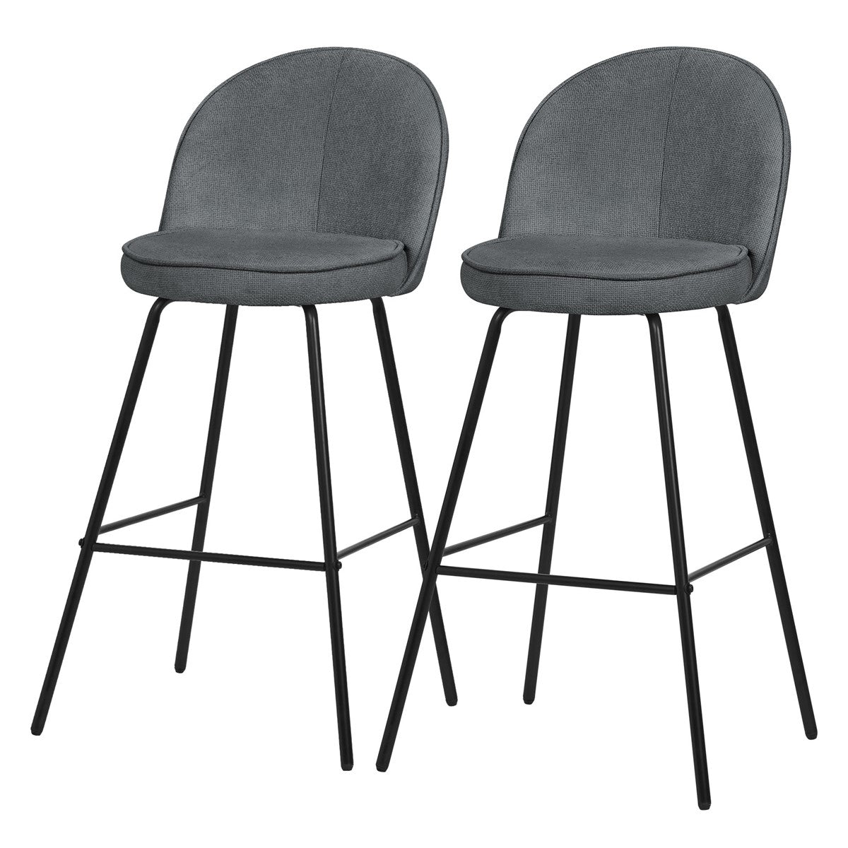Two gray bar stools with padded seats and black frames.