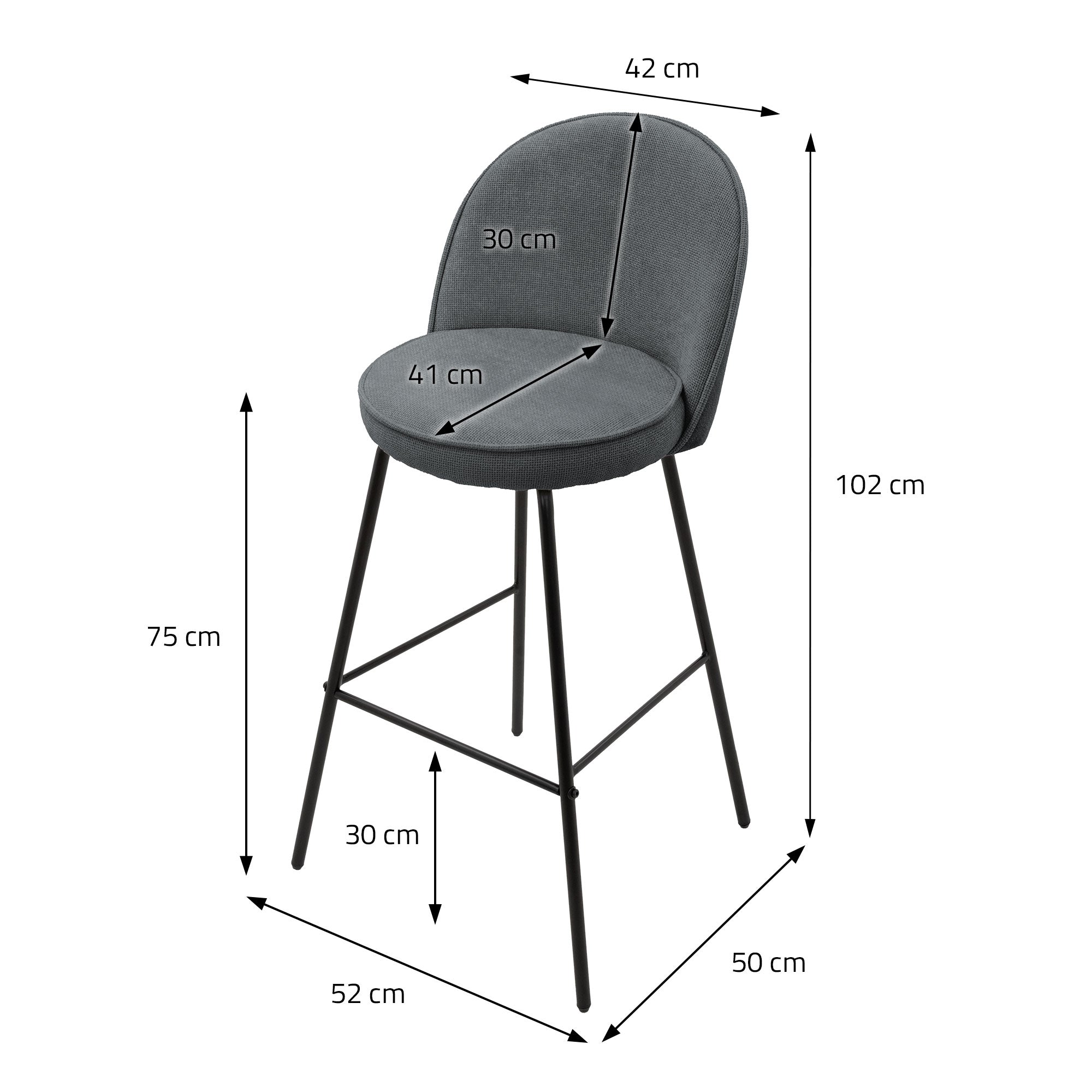 Hochstuhl mit Maßen: 42 cm Breite, 30 cm Sitzhöhe, 102 cm Höhe, 50 cm Tiefe.