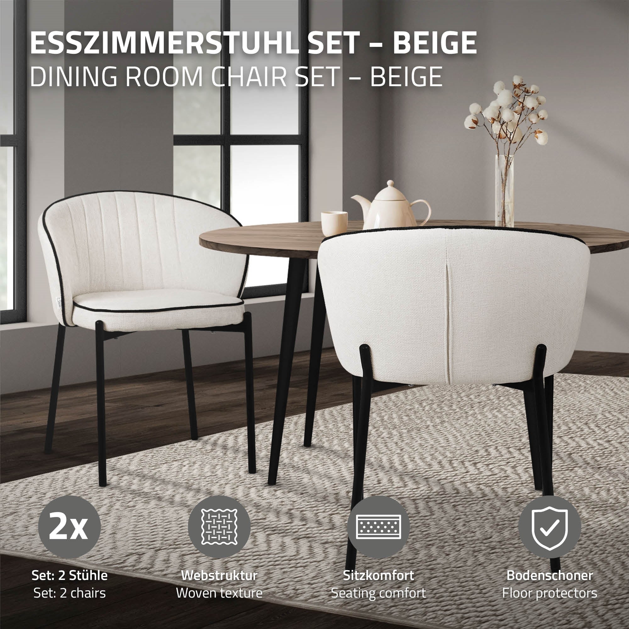 Esszimmerstuhl-Set in Beige, zwei Stühle an einem Tisch auf einem Teppich.