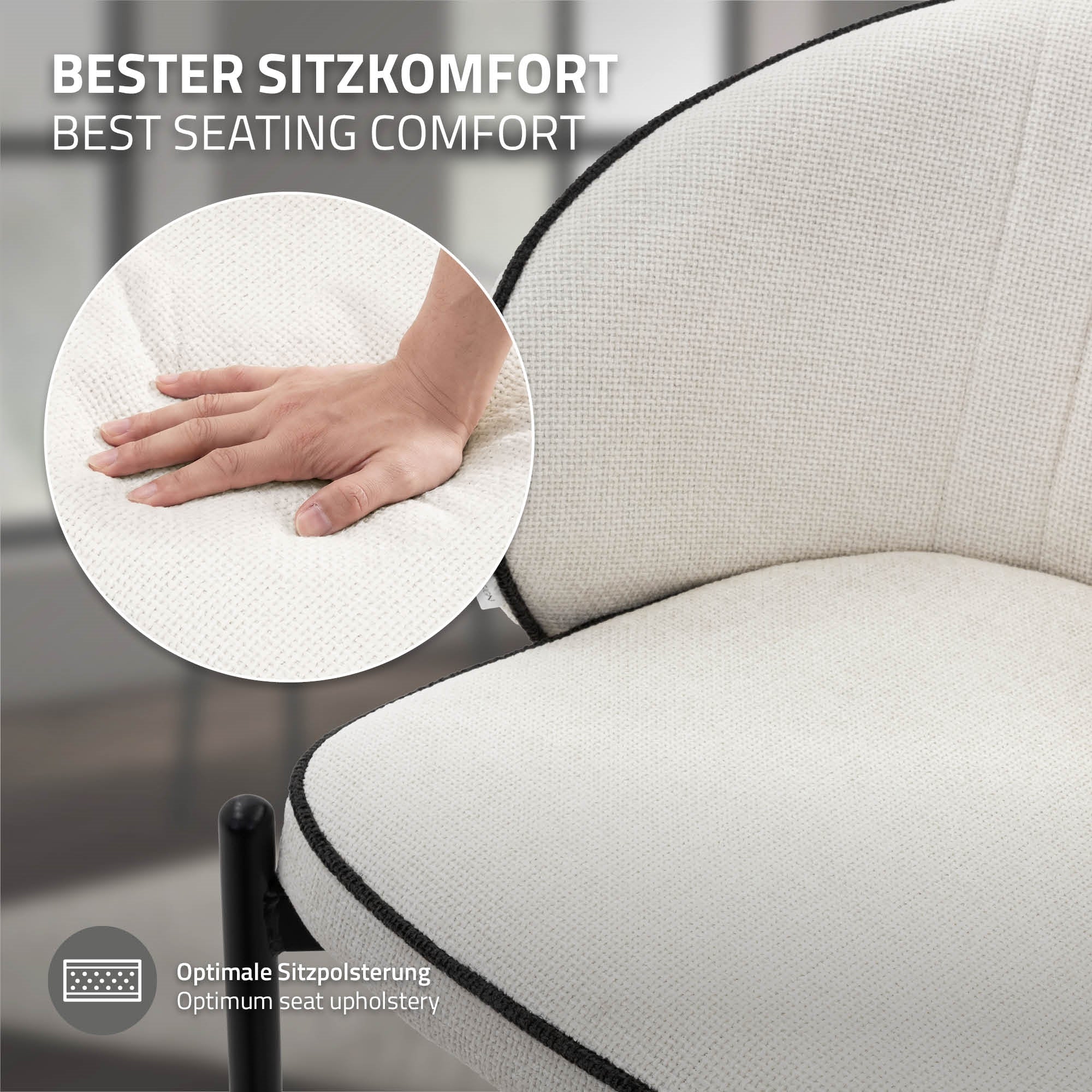 Close-up of a chair with a hand on the seat.