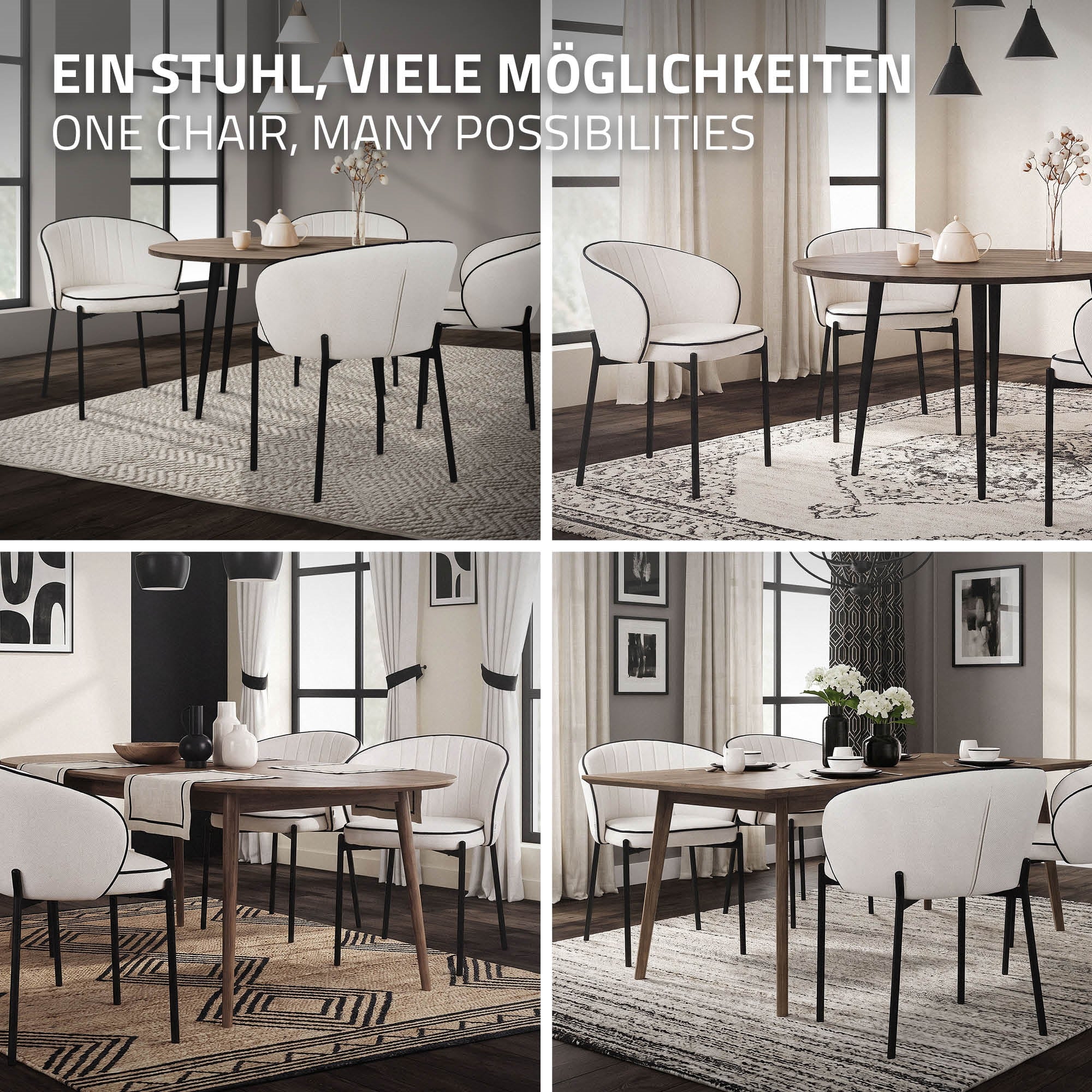 Various views of a dining chair in a modern room.