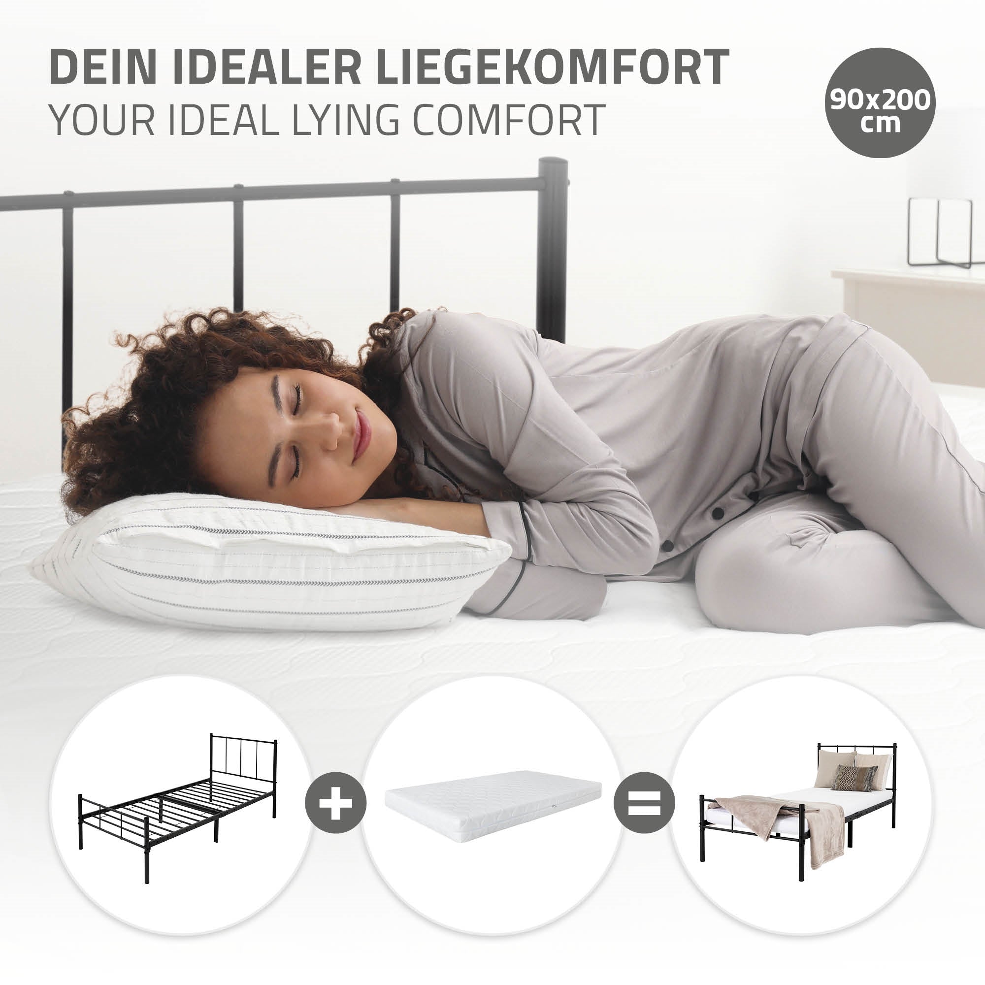 Frau liegt auf einem Bett mit Kissen und Decke, umgeben von Bettgestell und Matratze.