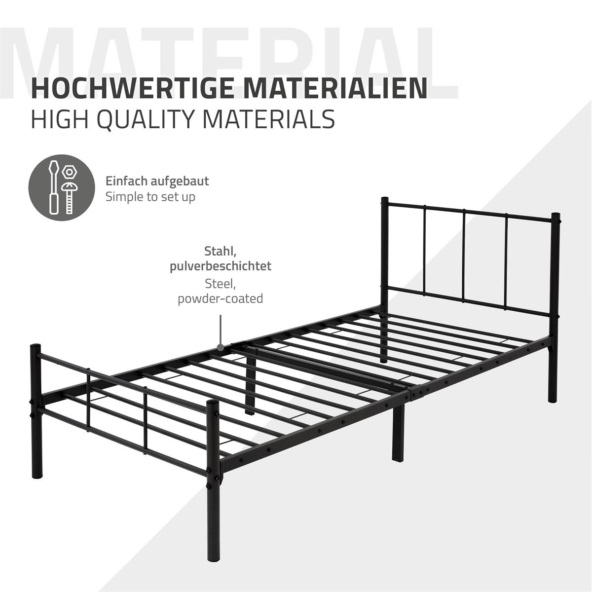 Black steel bed frame with a simple design.