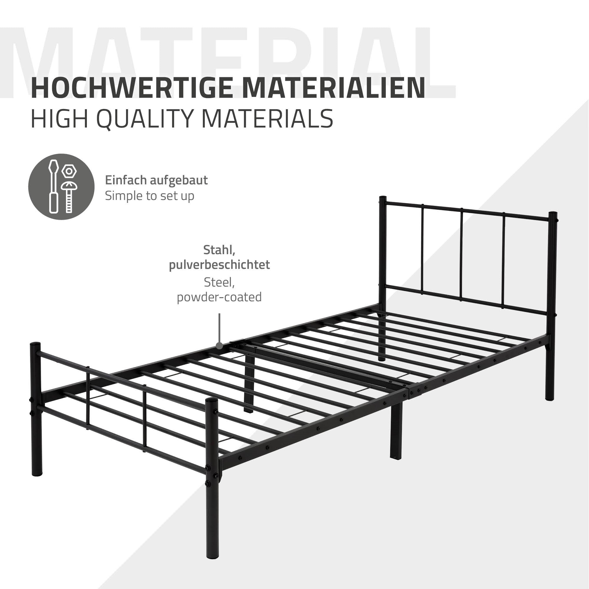Schwarzes Bettgestell aus Stahl mit einem einfachen Design.